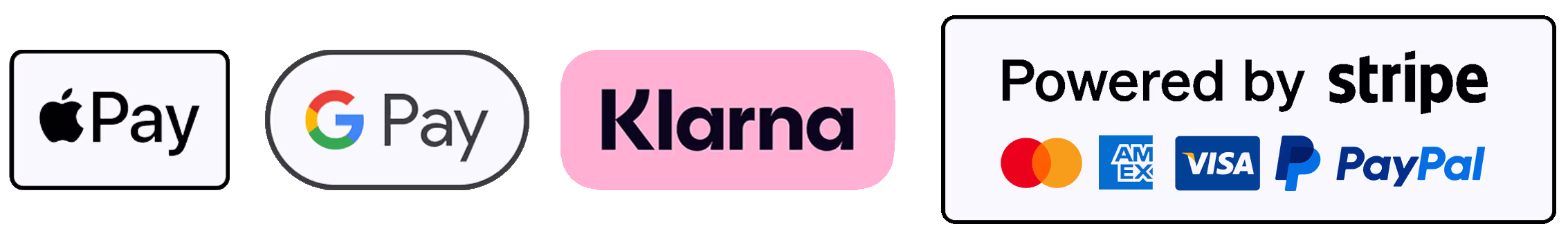 Apple Pay, Google Pay, Klarna, Visa, Mastercard, Amex, PayPal - Powered by Stripe