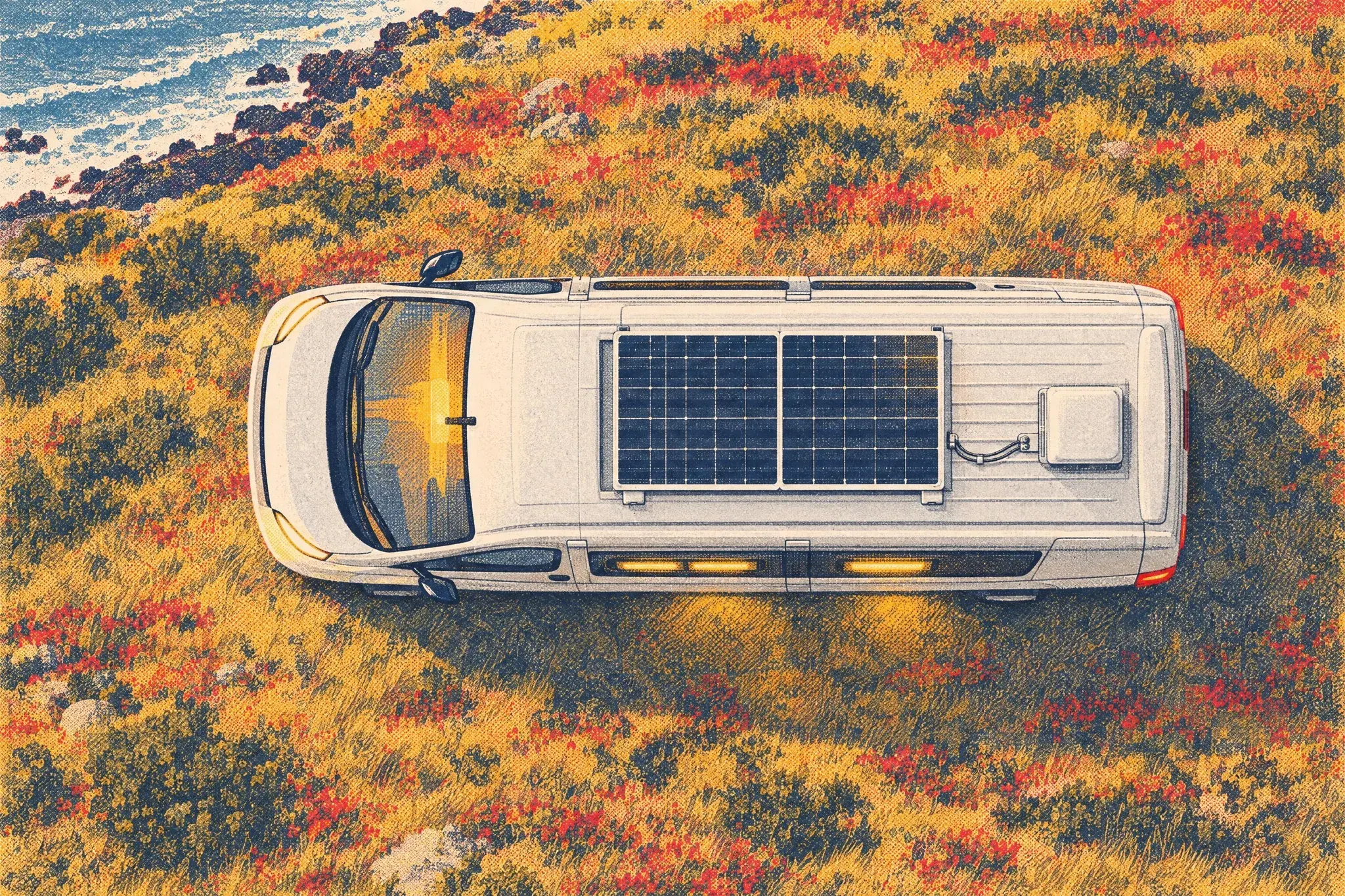 Top-down view of a white campervan at golden hour with two solar panels on its roof and neat cables running to a sealed roof entry gland.