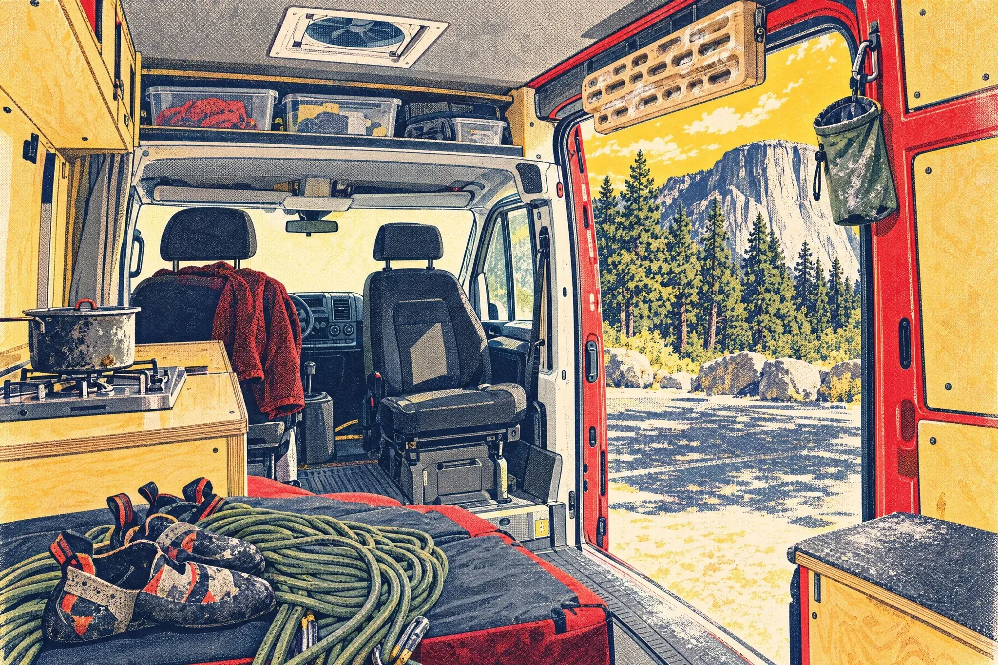 Inside Alex Honnold's simple van: a chalk-dusted climbing hangboard above the open sliding door, a single-burner stove and a crash pad bed, with pine trees outside.