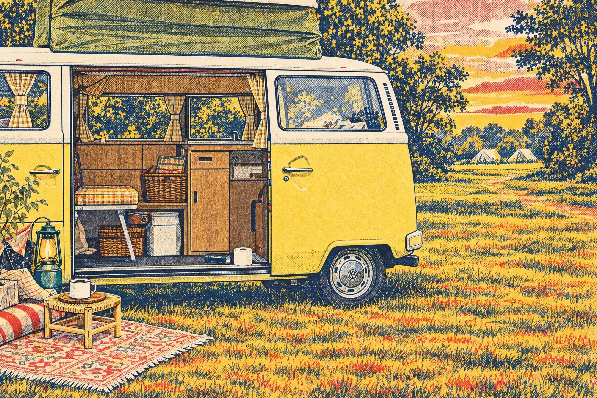 A classic VW Westfalia campervan with its pop-top raised and side door open at a grassy campsite, a toilet roll in the doorway and a distant sign pointing to the toilets.