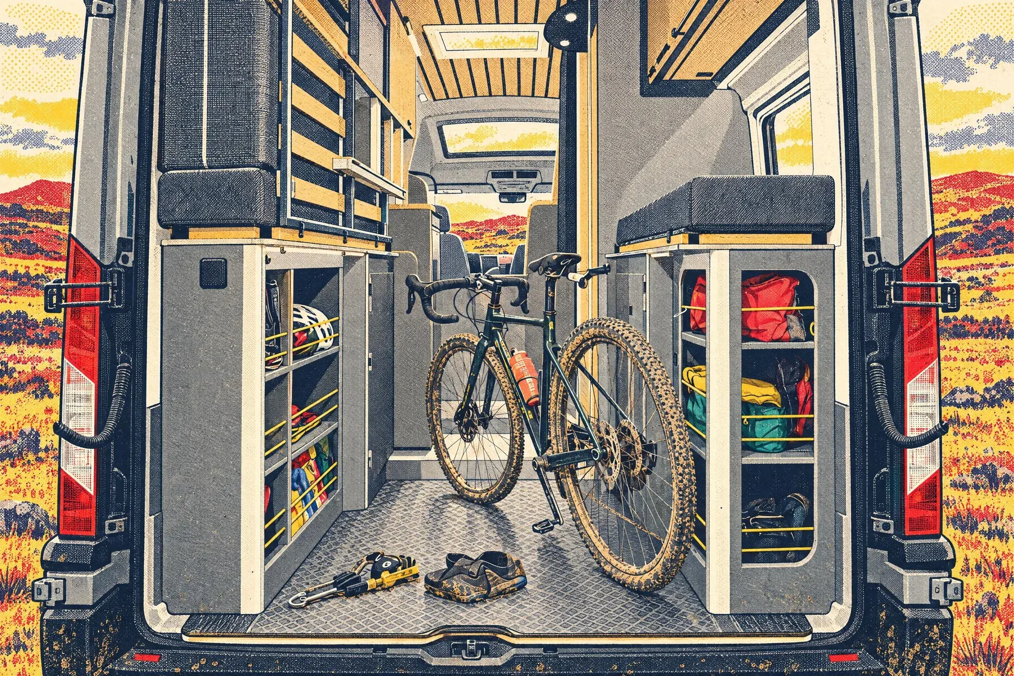 Rear doors open on a grey high-roof Bailey Endurance E65 Ford Transit campervan, showing a muddy bike standing between the rear seats and kit bags stowed beneath.