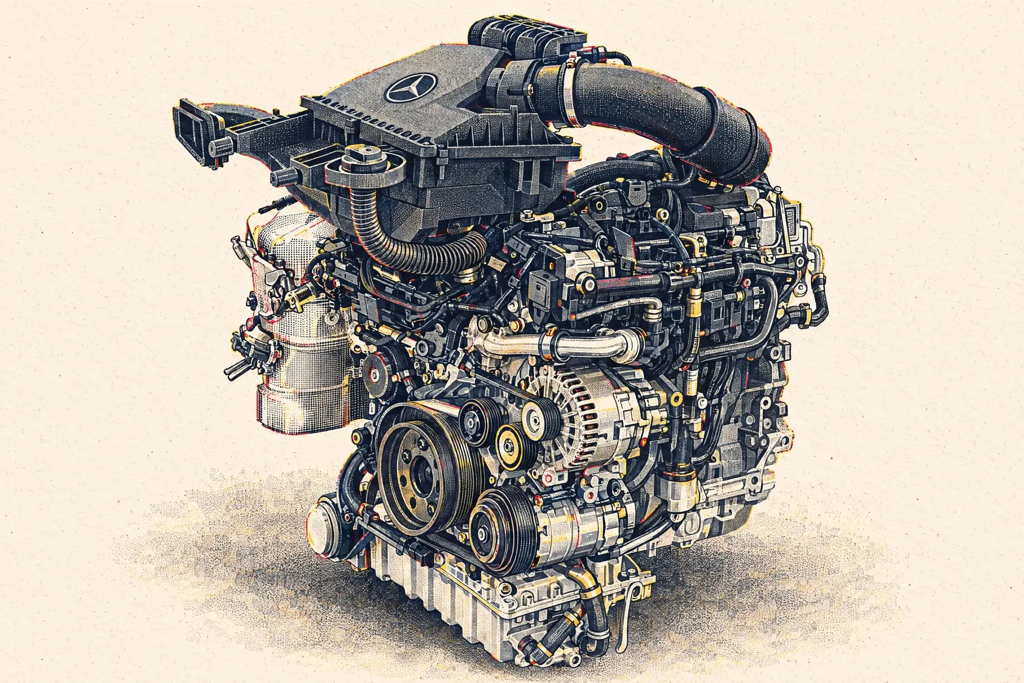 Illustration of the Mercedes-Benz OM654 2.0-litre four-cylinder diesel used in the Sprinter, showing its belt drive and close-coupled exhaust aftertreatment.