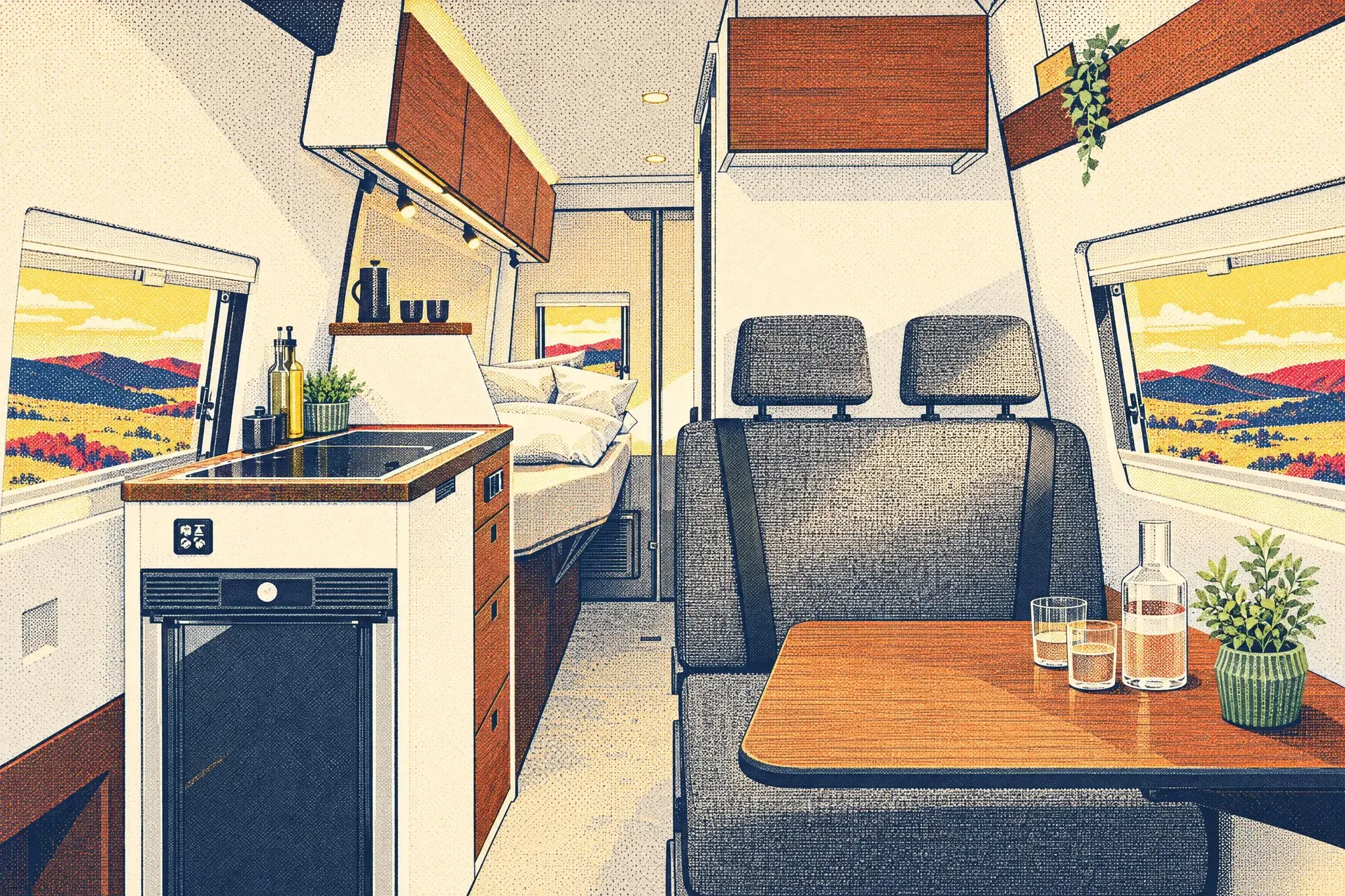 Illustrated interior of the Bürstner Habiton HMX 6.0 campervan, looking past the dinette bench, table and kitchen to the made-up single beds at the rear.