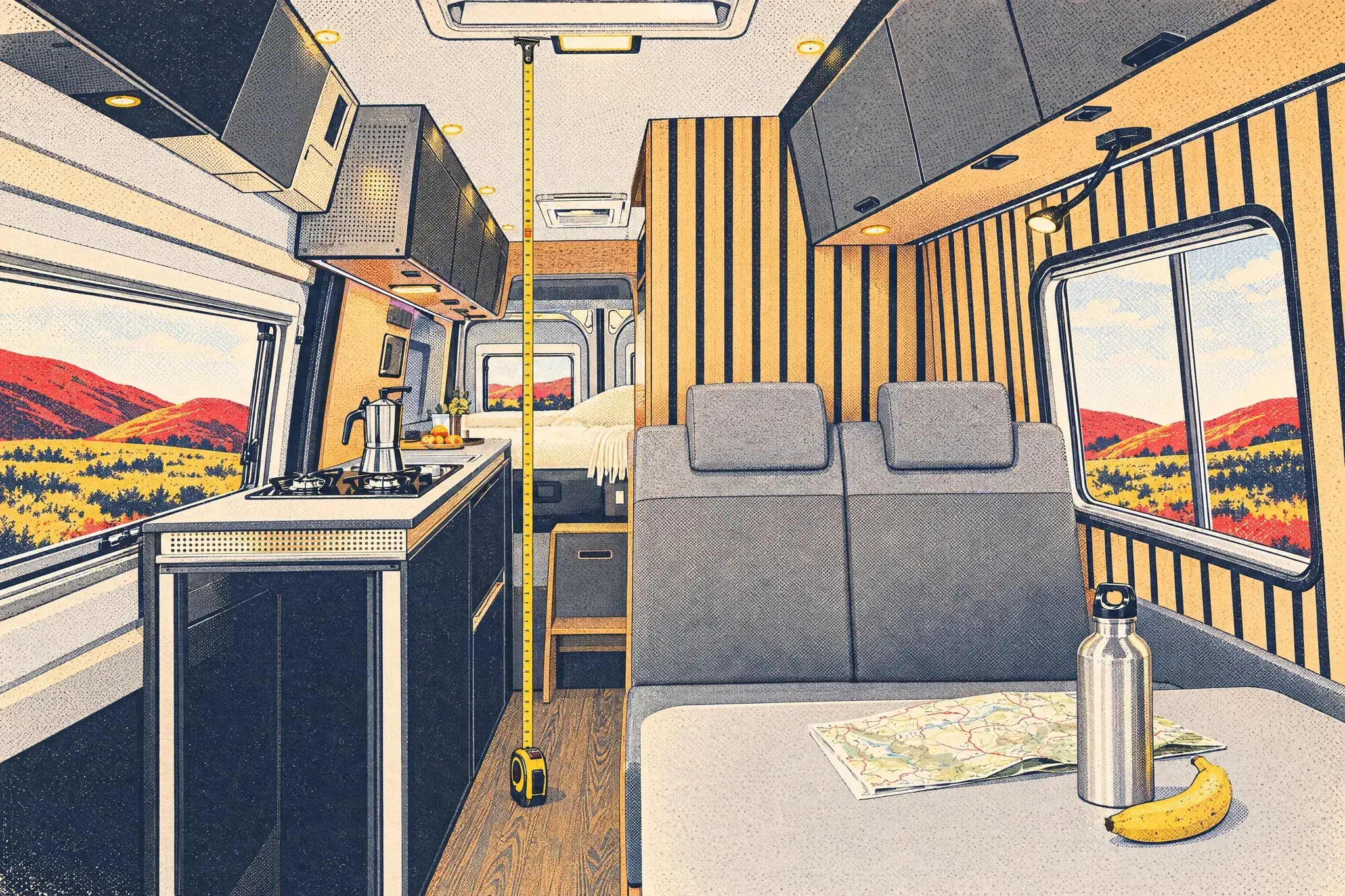 Empty high-roof campervan interior looking toward the rear bed, with a yellow tape measure stretched from floor to ceiling beside the kitchen to show standing headroom.