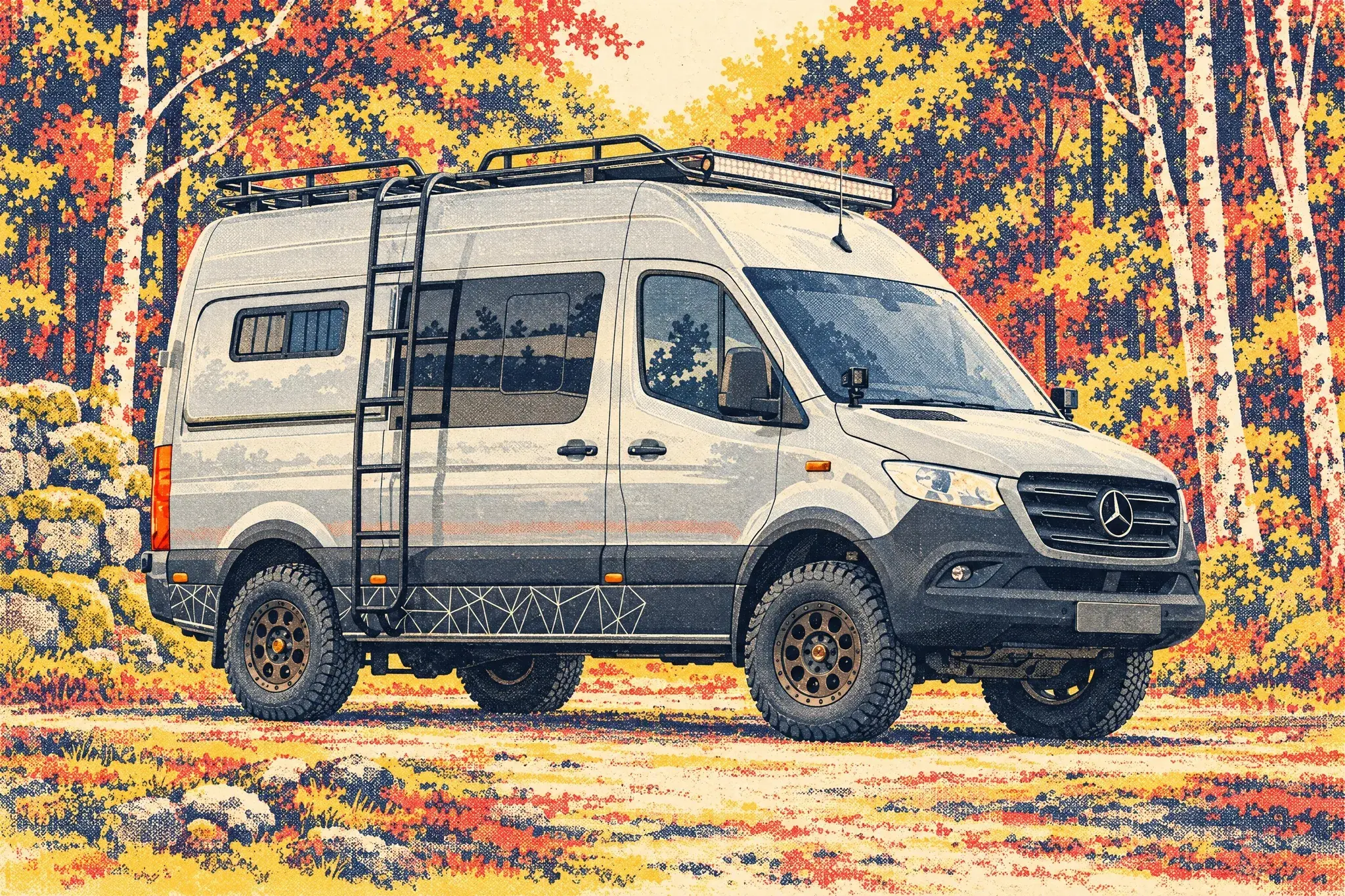 APE's KONG custom build, a pale grey Mercedes-Benz Sprinter high-roof van lifted on all-terrain tyres with a roof rack and light bar, parked in a sunlit woodland clearing.