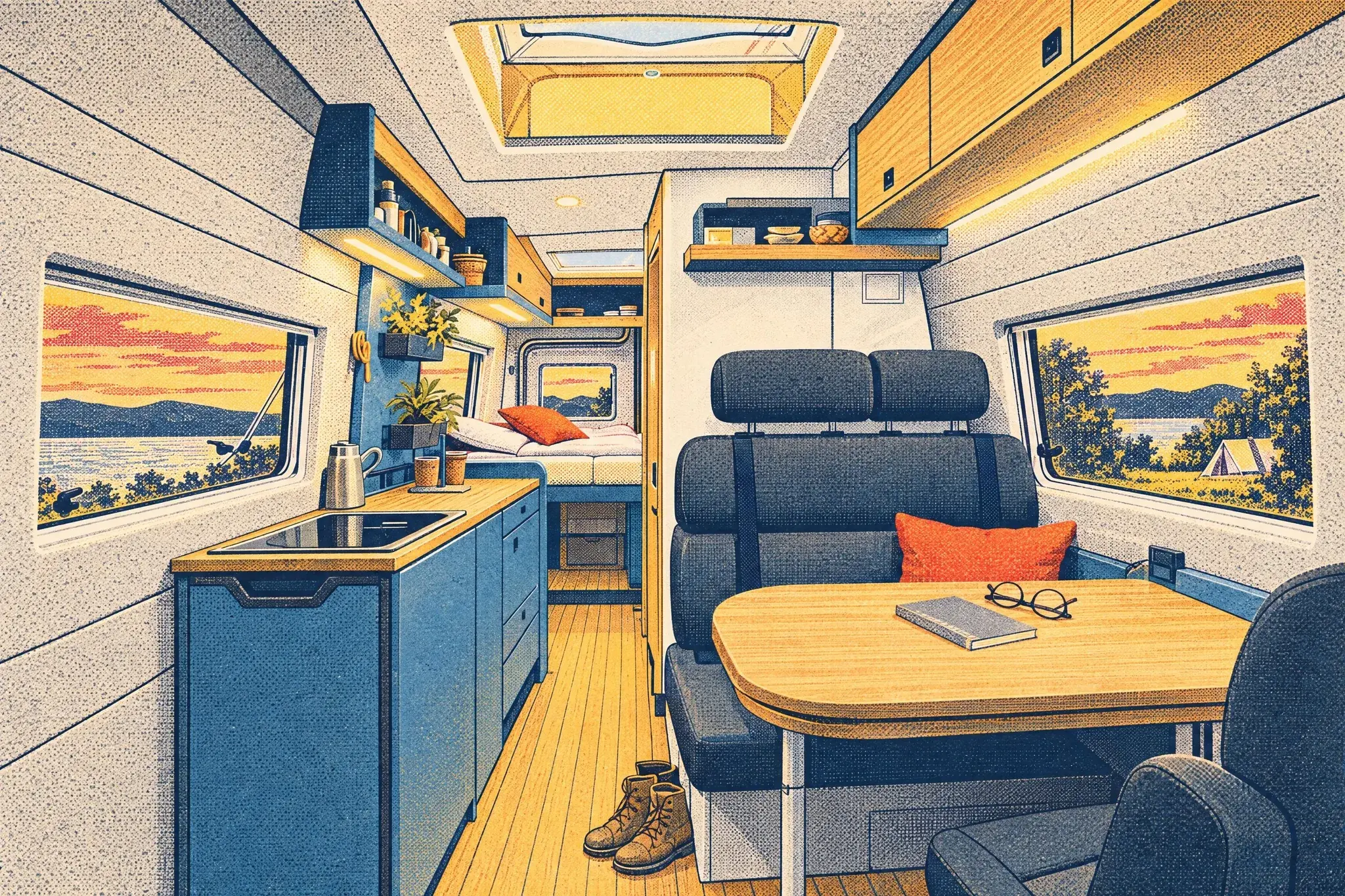 Illustration of an Eriba Car 600 campervan interior looking rearward past the felt-lined kitchen and dinette to the fixed rear bed.
