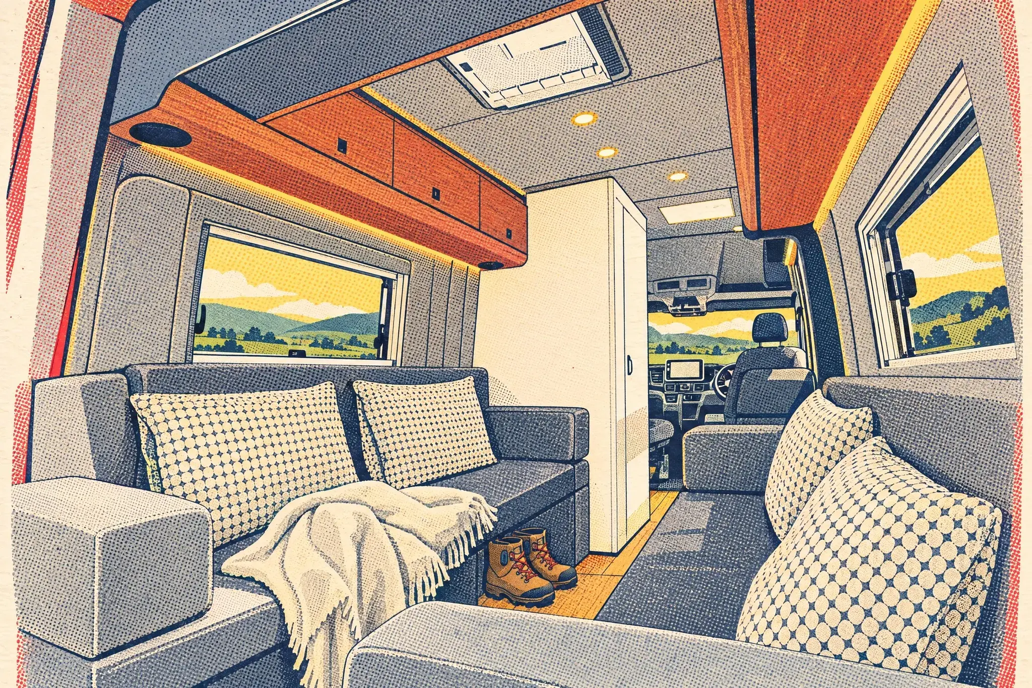 Rear lounge of an Eriba Car 602 campervan looking forward through the high-top Volkswagen Crafter to the cab, with facing side benches, wood lockers and a roof skylight.