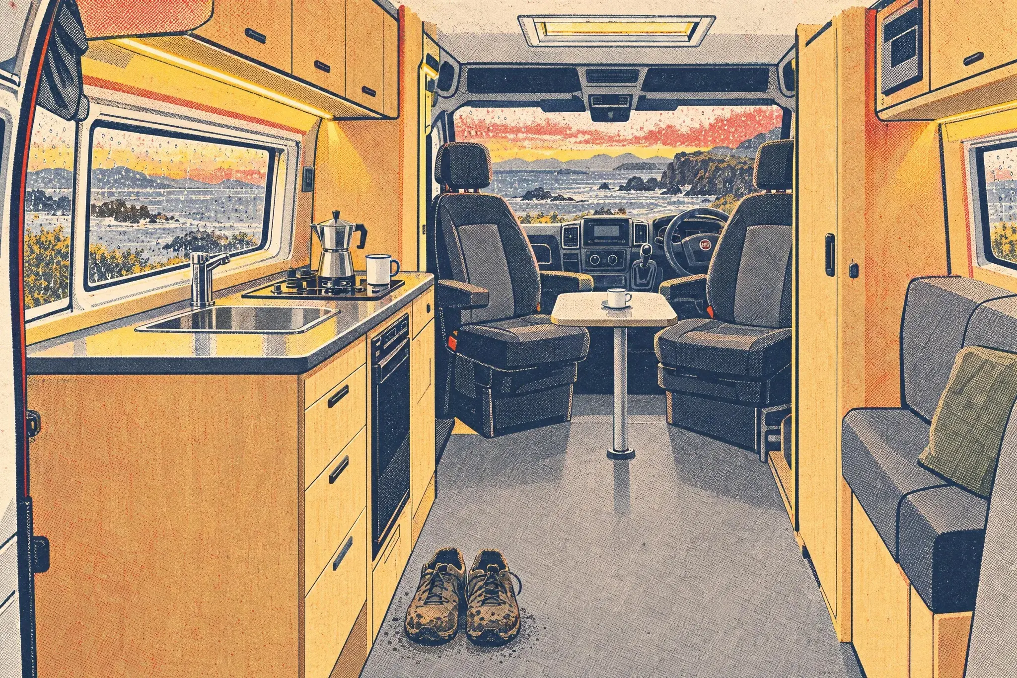 Inside a Fiat Ducato campervan, looking past the kitchen to swivelled cab seats, the dashboard and a rain-streaked windscreen facing a grey Welsh coast at dawn.
