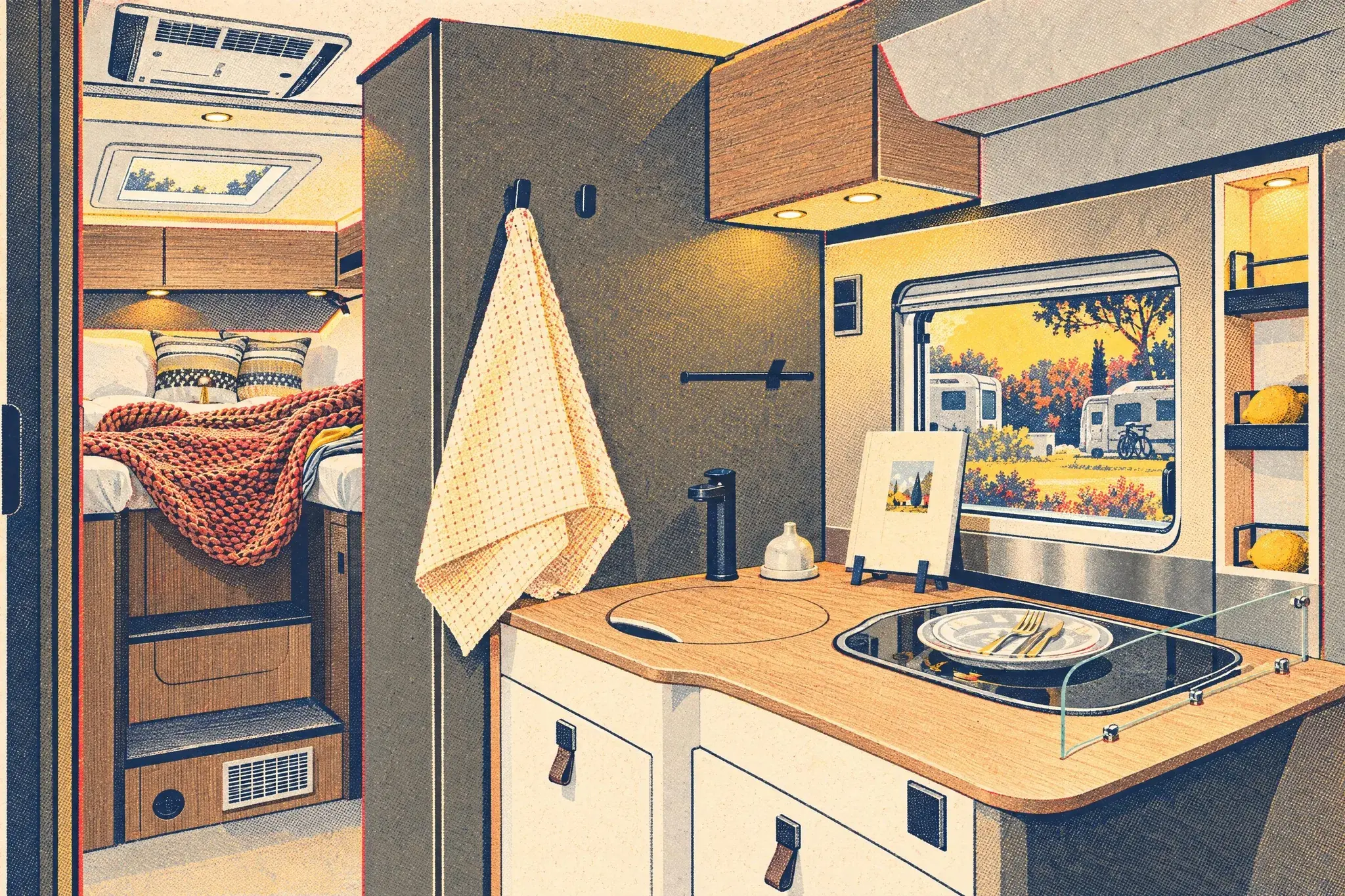 Illustration of the Hymer GT S kitchen with a light wood worktop, black tap and glass-lidded hob under a window, with the raised rear bed seen through the doorway.
