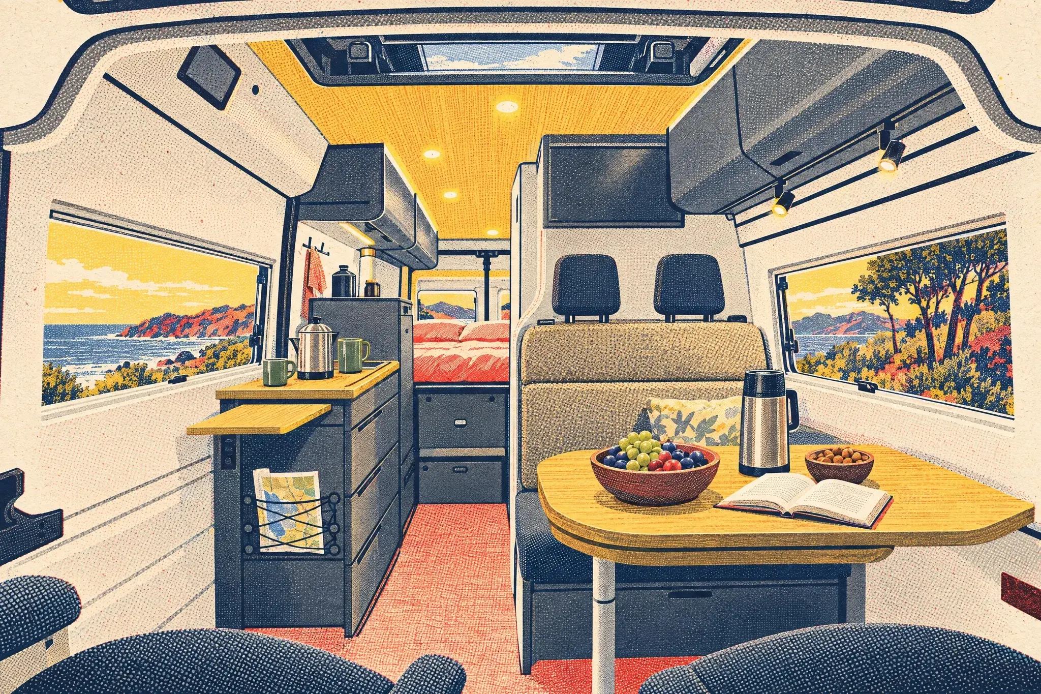 Illustration of the Hymer Redwood 601 interior seen from the cab, with dinette and table, kitchen block, washroom and a made-up double bed across the rear.