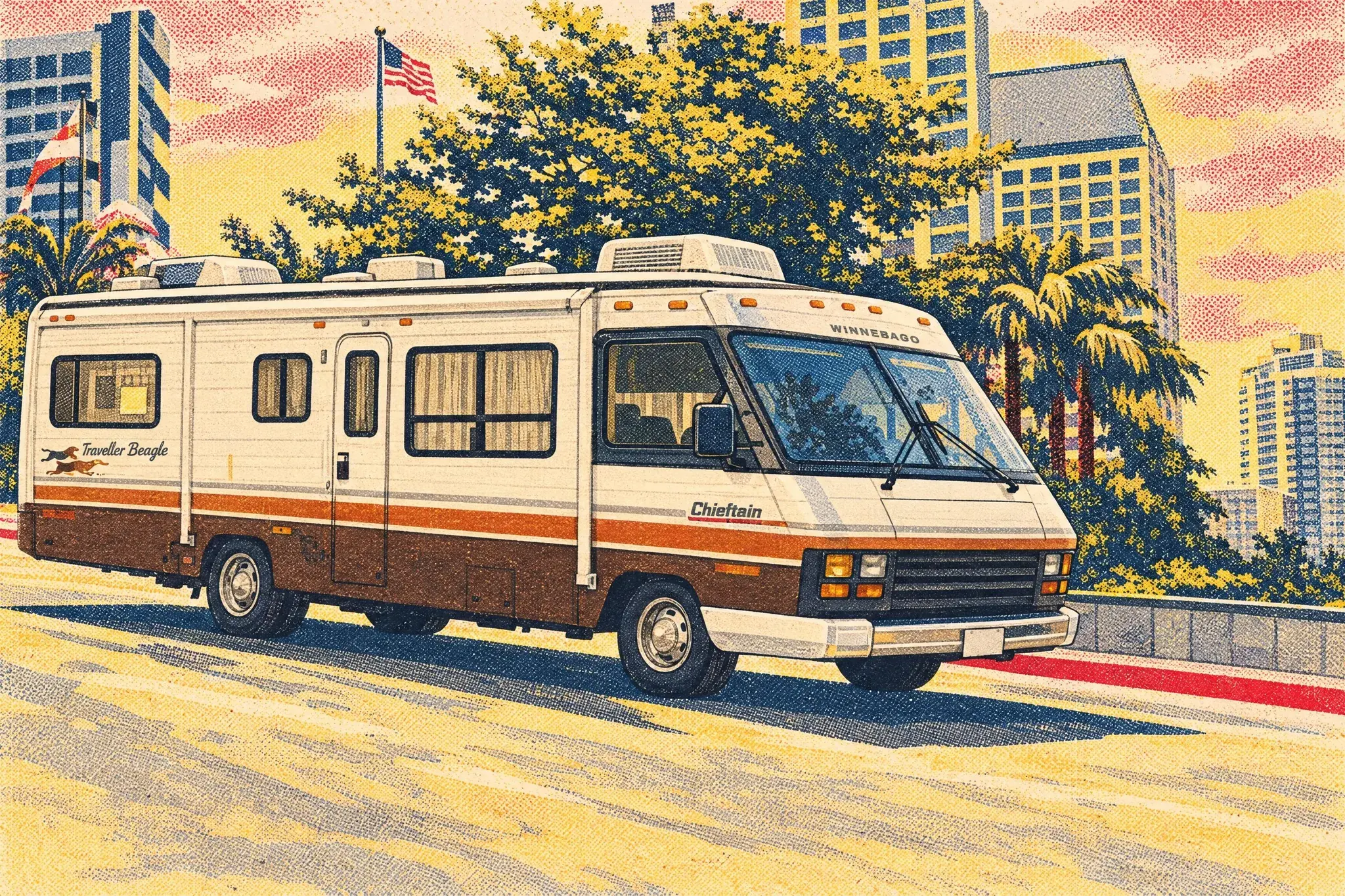 A late-1980s Winnebago Chieftain motorhome in cream with brown and orange stripes, parked on a sunny San Diego street beneath palm trees and high-rise towers.