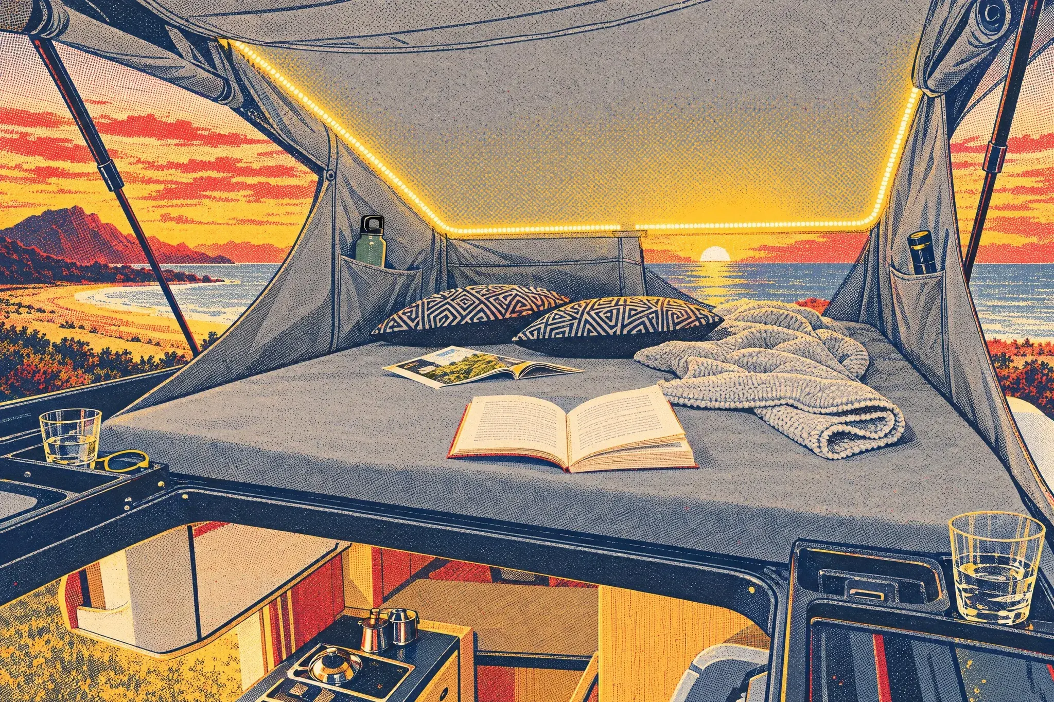 View into an open pop top roof on a large campervan, with canvas sides, fly screen windows, LED lighting and a made-up bed with pillows, quilt and a book.