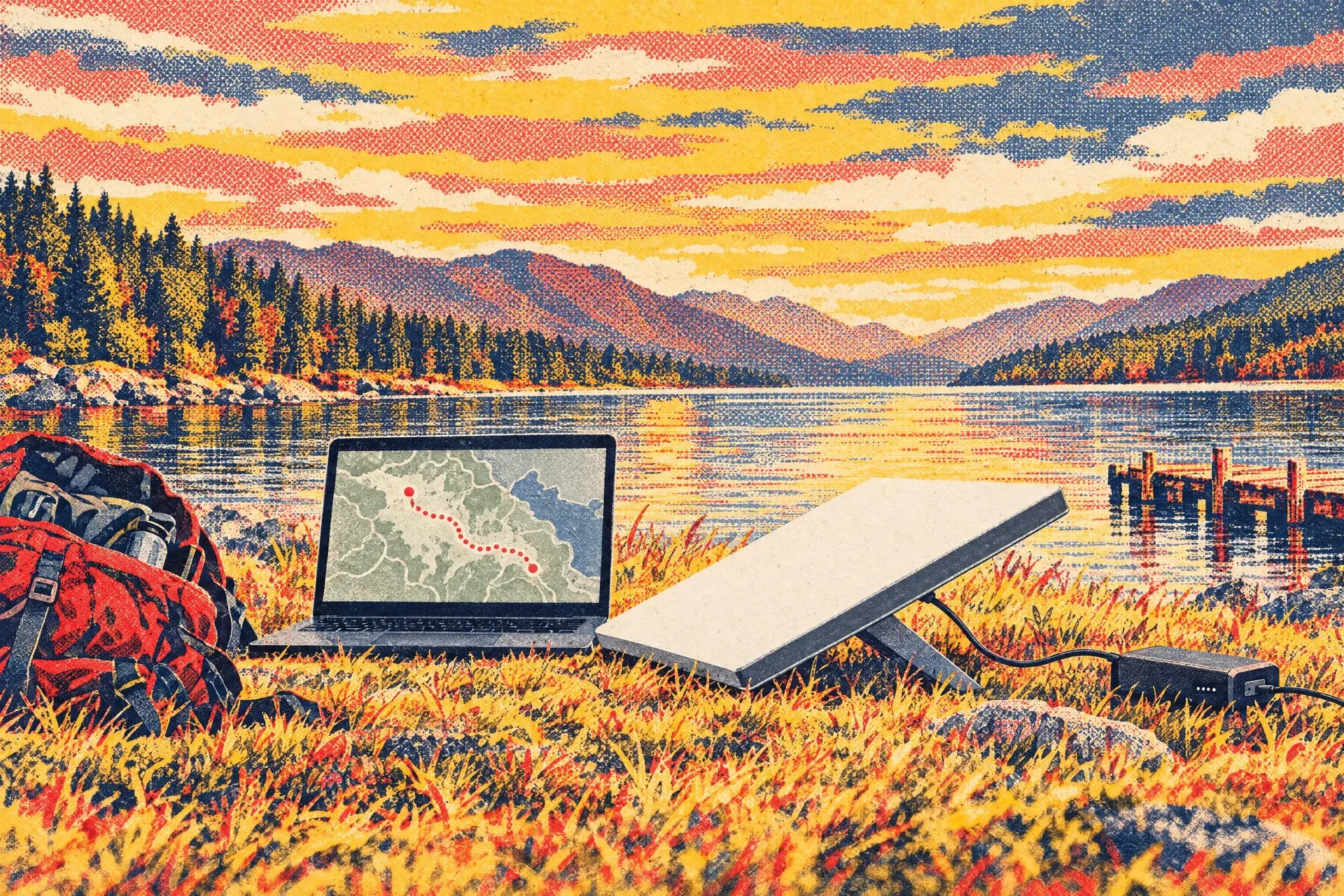 A Starlink Mini dish on its kickstand beside an open laptop on the grass at a Highland loch side, with mountains and a wooden jetty behind.