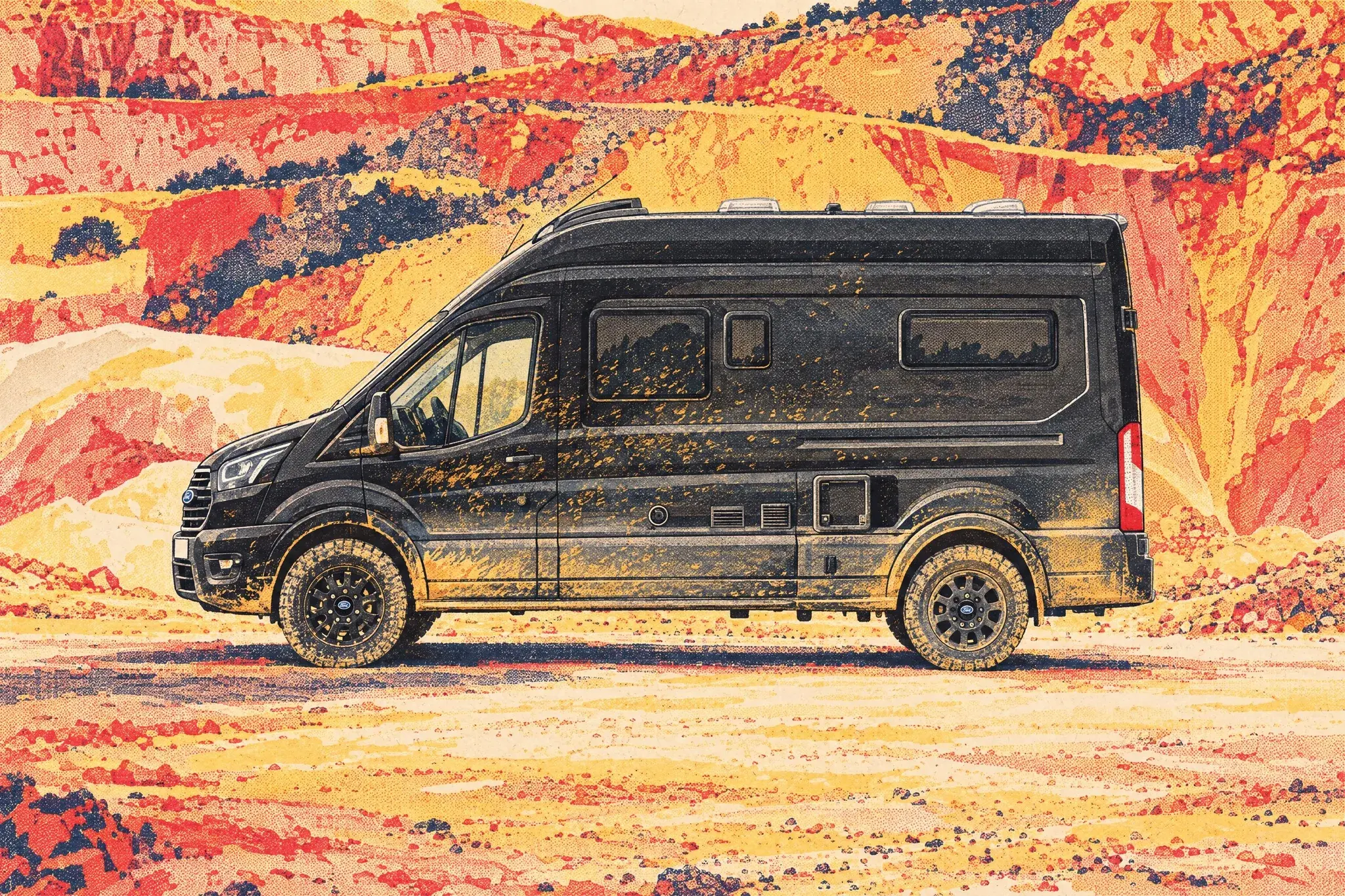 A dark Sunlight Cliff 590 4x4 campervan on a Ford Transit base, its sides spattered with mud, parked side-on on all-terrain tyres on a dusty quarry track.