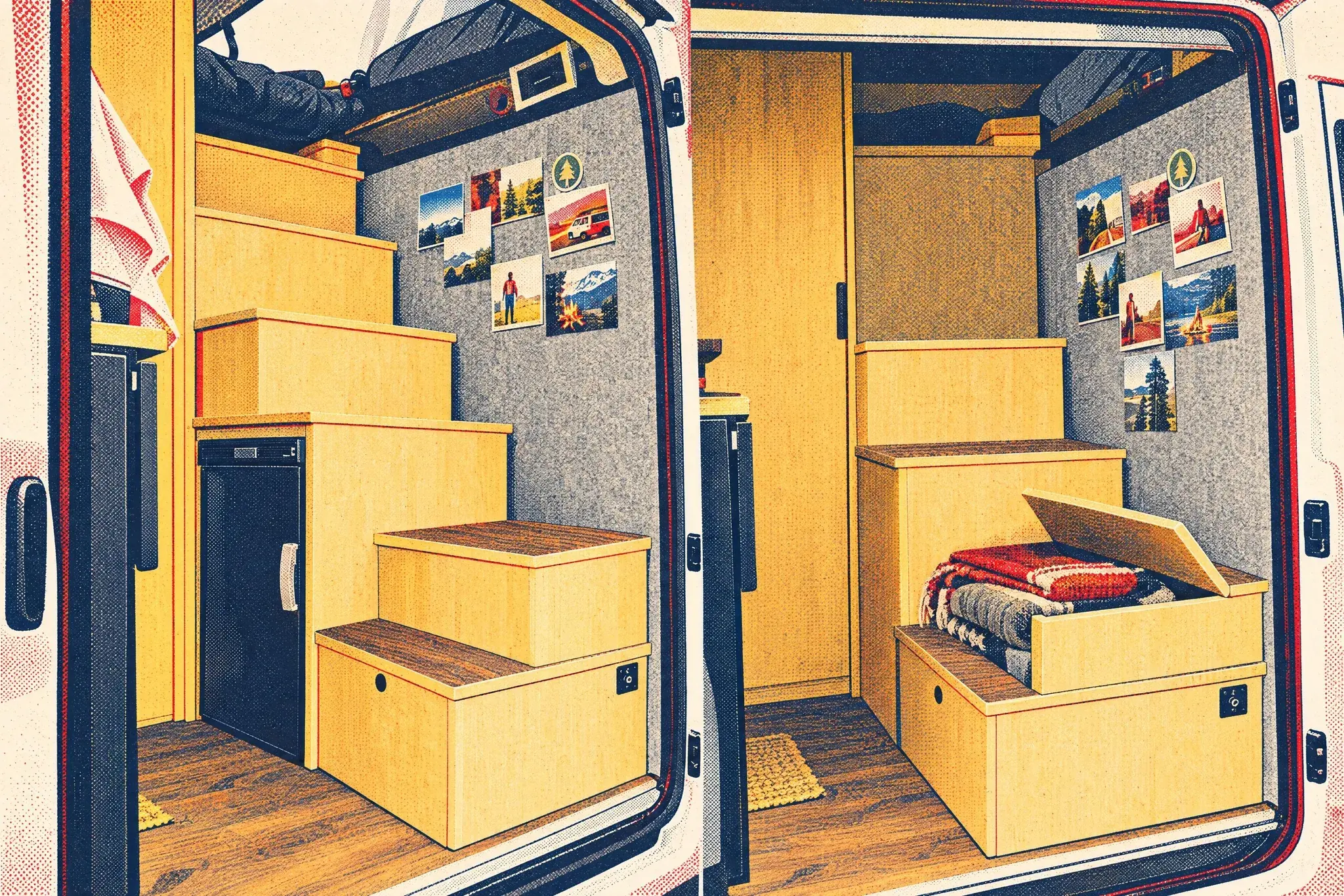Light wood staircase with storage in every step rising to the pop-top bed inside a Sunlight Vanlife 540 V, with a fridge tucked underneath.