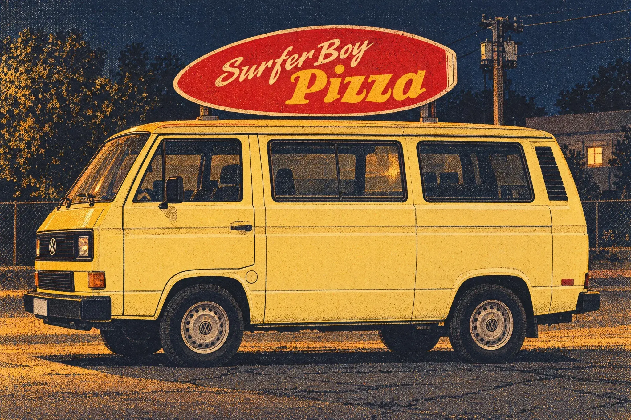 A pale yellow VW T3 van parked at night under warm streetlight, with a large red surfboard-shaped Surfer Boy Pizza sign mounted on its roof.