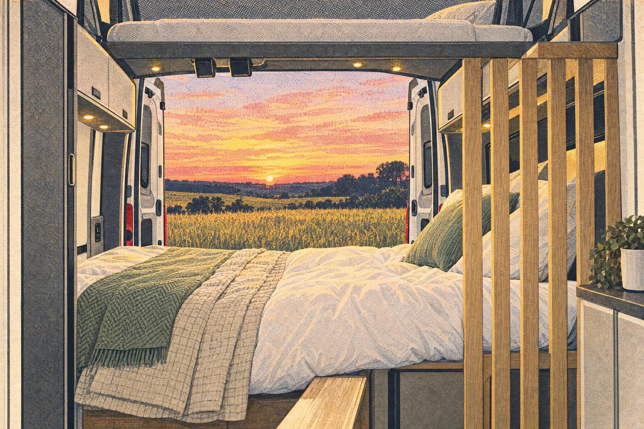 Inside a Swift Trekker X at sunset, the made-up rear bed sits in front of open rear doors, with the raised pop-top roof bed overhead.
