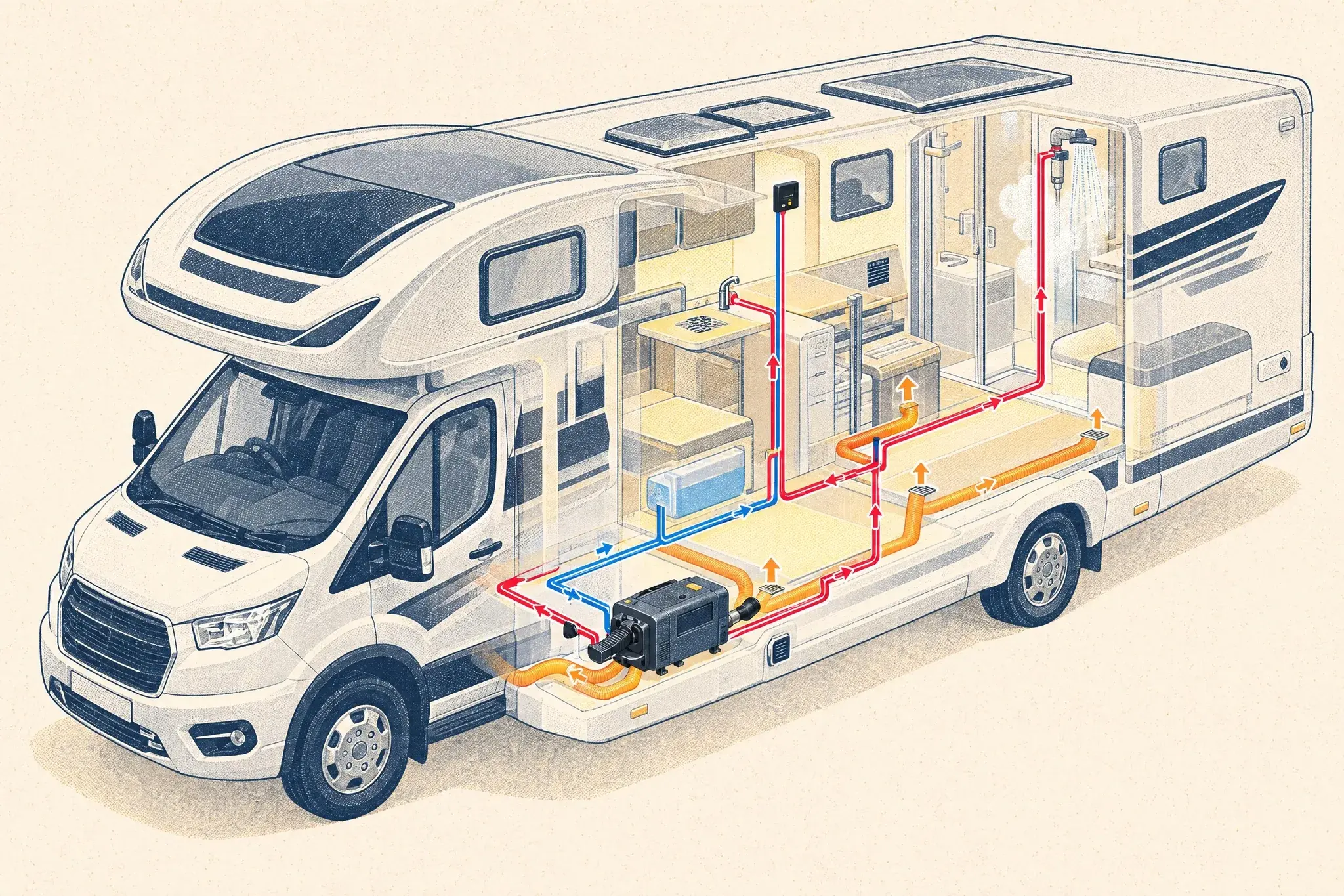 Cutaway coachbuilt motorhome showing a Truma CombiNeo 4 E heater under a seat, feeding hot water to the shower and tap and warm air through floor-level ducts.