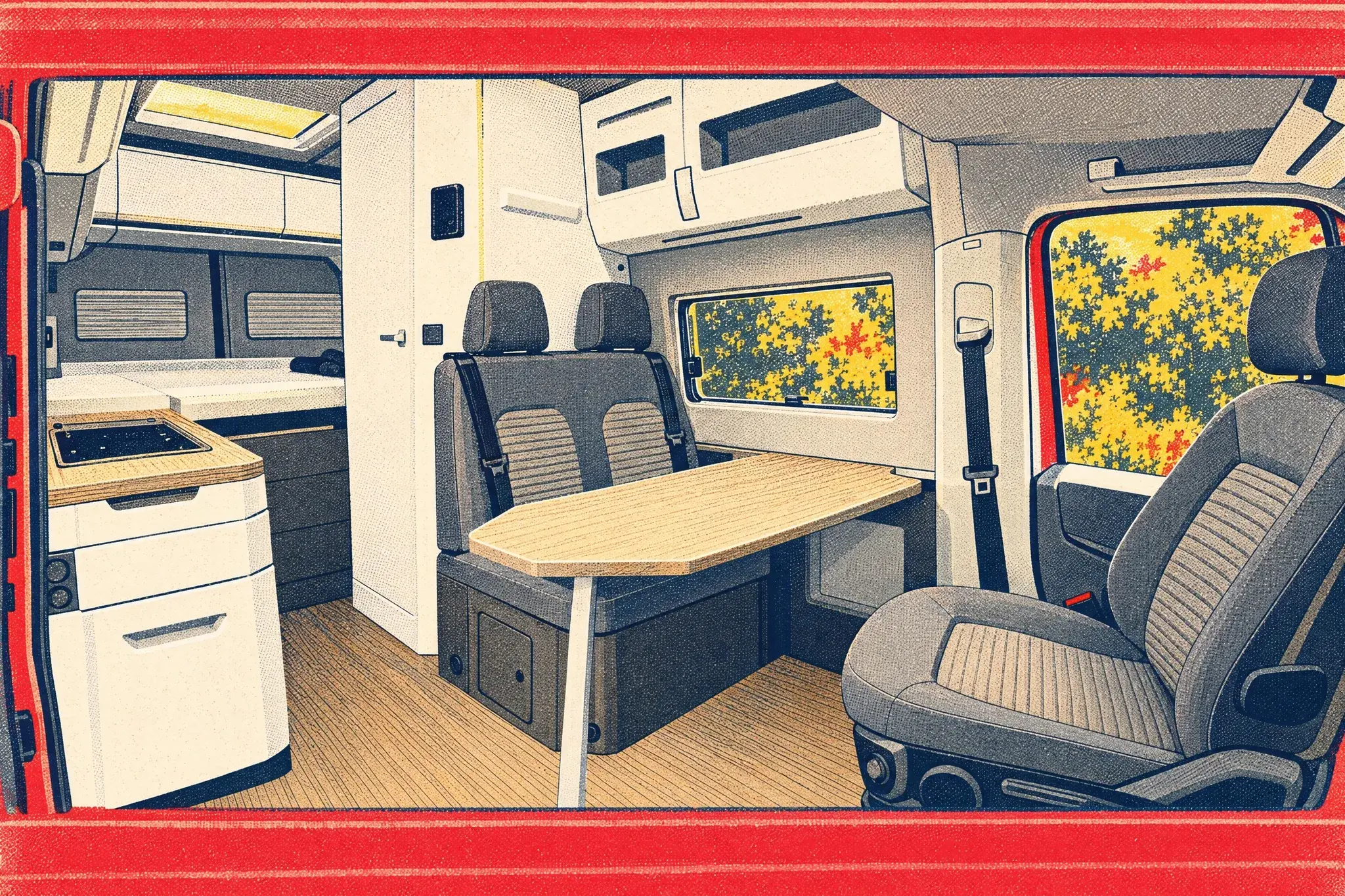 VW Grand California 600 interior seen from the sliding door, with kitchen, wet room door, two-seat bench, table and swivelled cab seat.