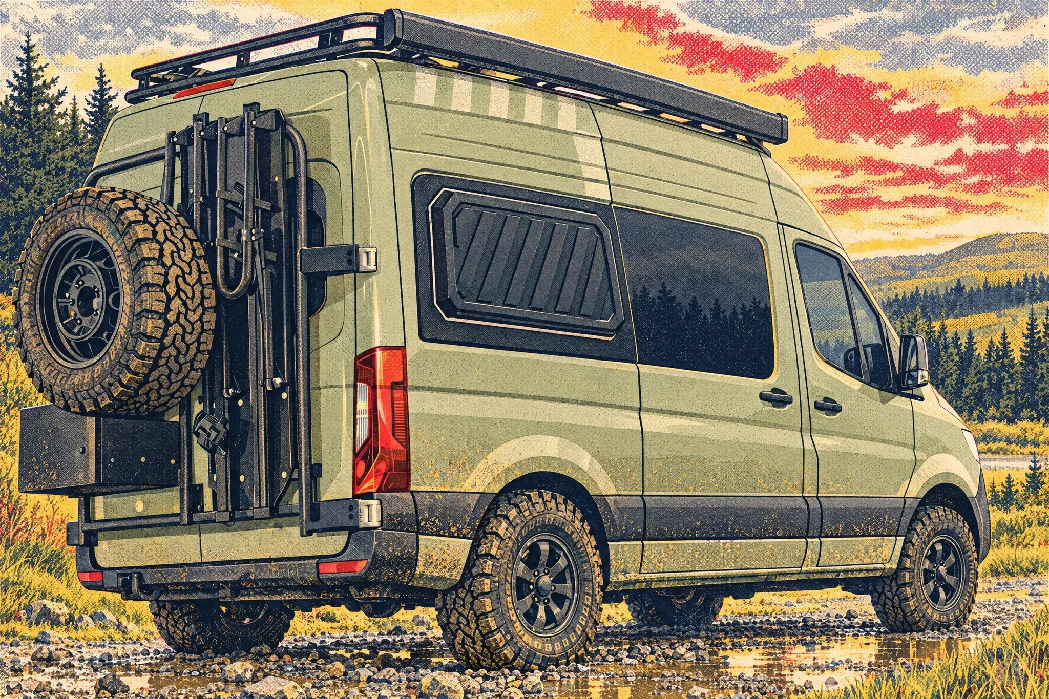 Rear three-quarter view of a sage-green high-roof campervan on chunky all-terrain tyres, with a spare wheel on the back door, parked on a wet gravel forestry track.