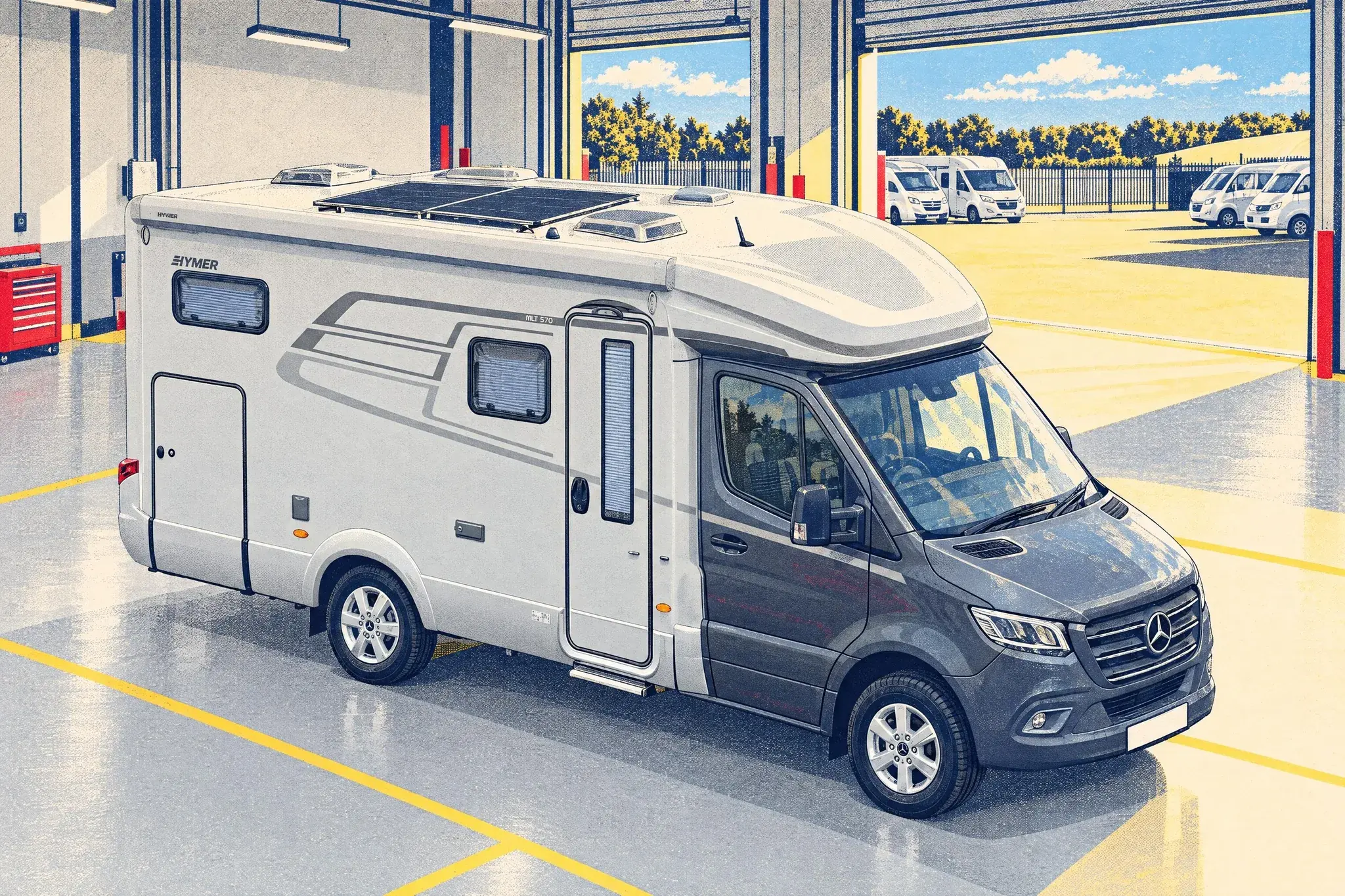 Illustration of a new Hymer ML-T 570 motorhome seen from above in a bright dealer handover bay, solar panels on its roof, roller doors open to a sunny yard.