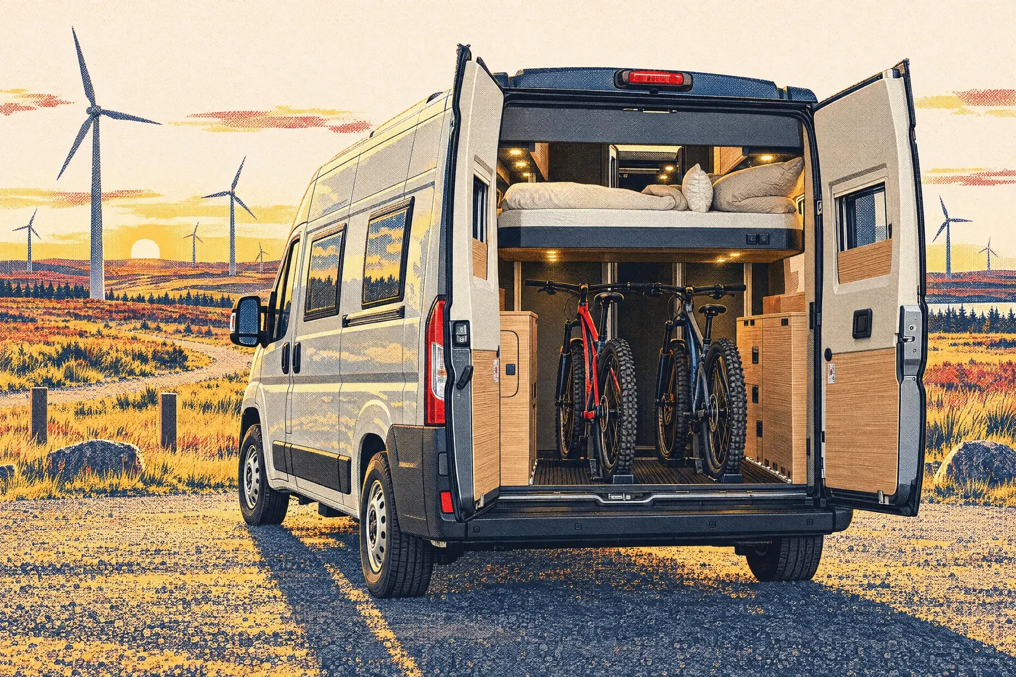 Illustration of a 2027 Malibu RELAX Fiat Ducato campervan, rear doors open, its electric bed raised to the roof above two bikes, at a Scottish moorland wind farm.