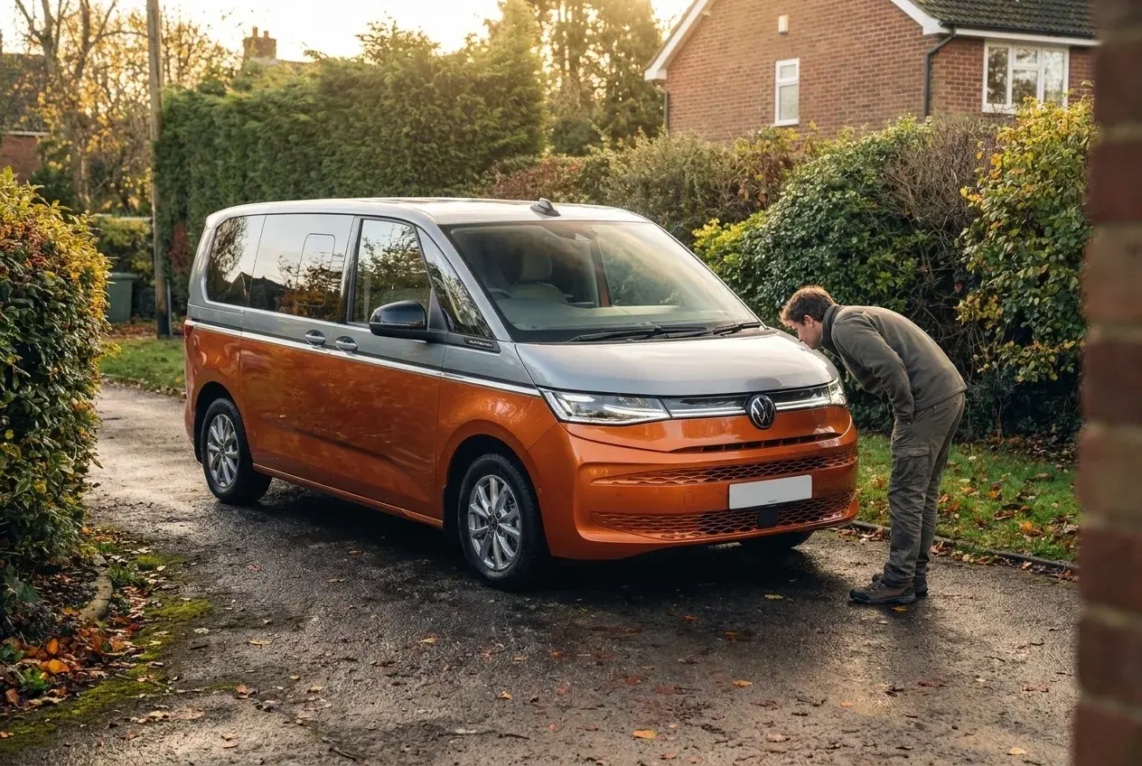A modern Volkswagen Multivan parked on a UK driveway at golden hour while a person inspects the front of the van.