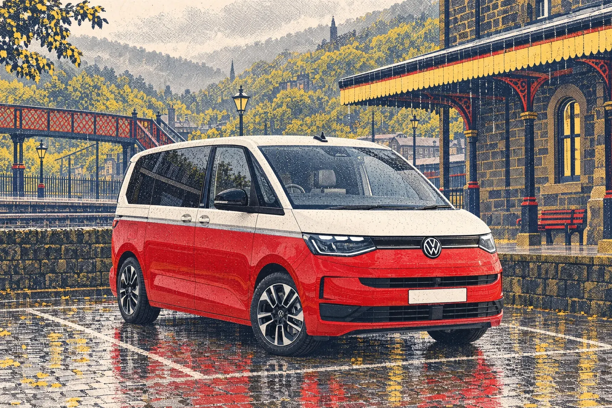 A facelifted 2027 VW Multivan parked on wet setts in light rain at Hebden Bridge station, with its canopied platform, iron footbridge and wooded valley behind.