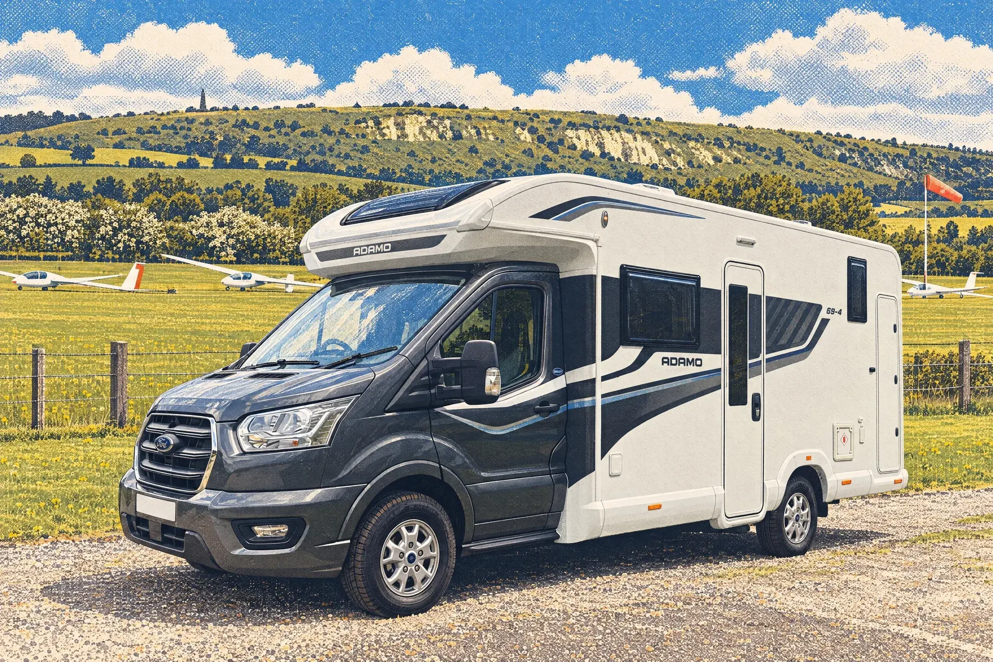 A Bailey Adamo 69-4 motorhome on a Ford Transit at a gliding club below Dunstable Downs on a breezy May afternoon, with white gliders resting on the grass behind.
