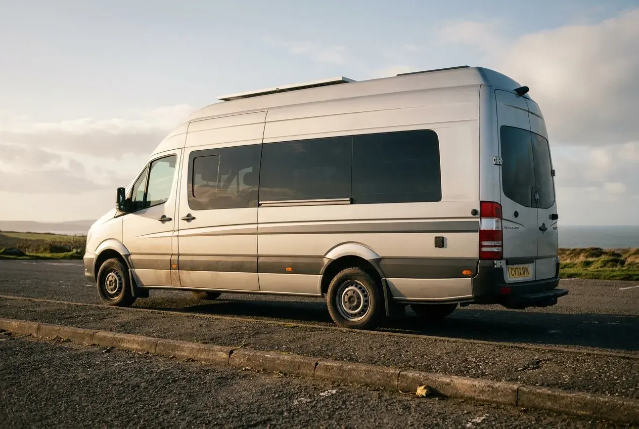 A long modern white panel-van campervan parked in a quiet British coastal car park at golden hour, its full length stretching across the frame.