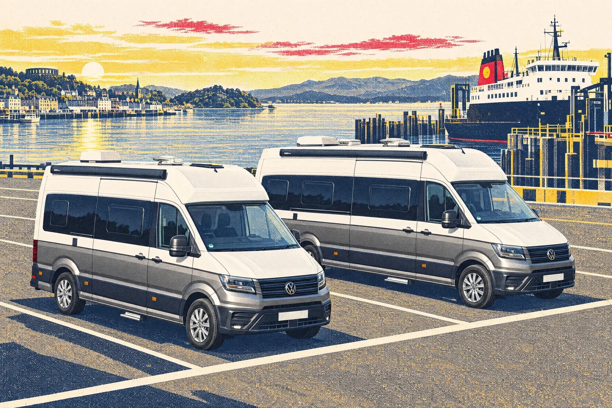 Two Volkswagen Grand California campervans, a 600 and a longer 680, side by side in the ferry lanes at Oban, seen from above, with a CalMac ferry and calm bay beyond.