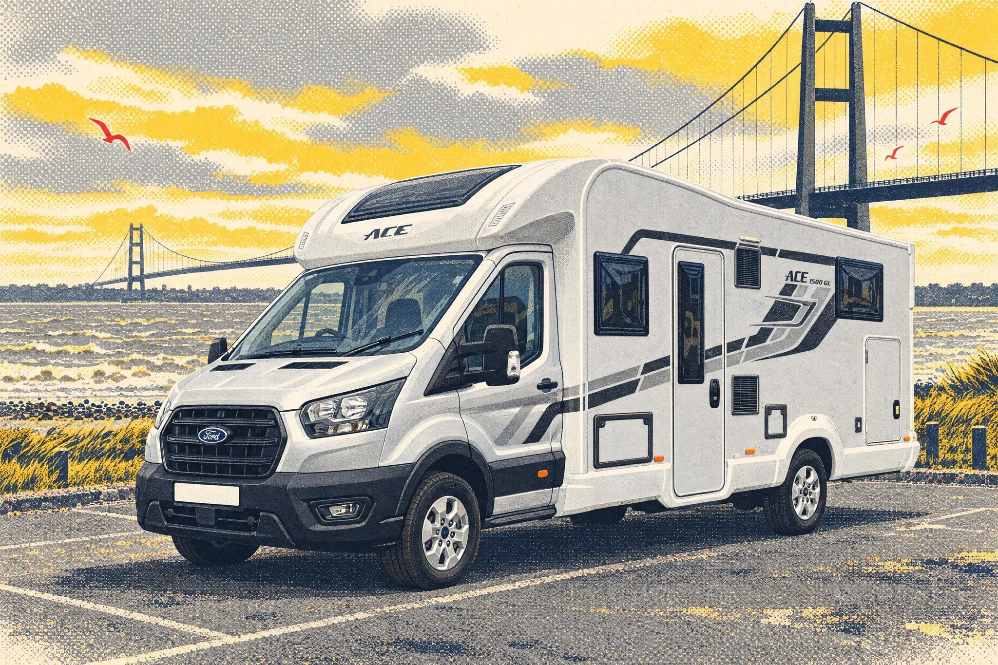 Illustration of a 2026 Ace 1500 GL motorhome, a low-profile coachbuilt on a Ford Transit, parked at Hessle Foreshore beneath the Humber Bridge on a grey, windy November afternoon.
