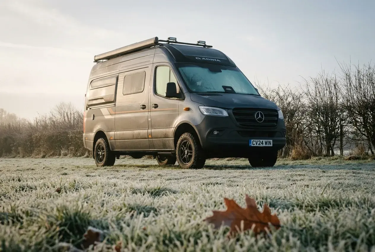 A modern Adria Supertwin high-roof panel van campervan parked on a misty UK campsite on a cold winter morning with frost on the grass.
