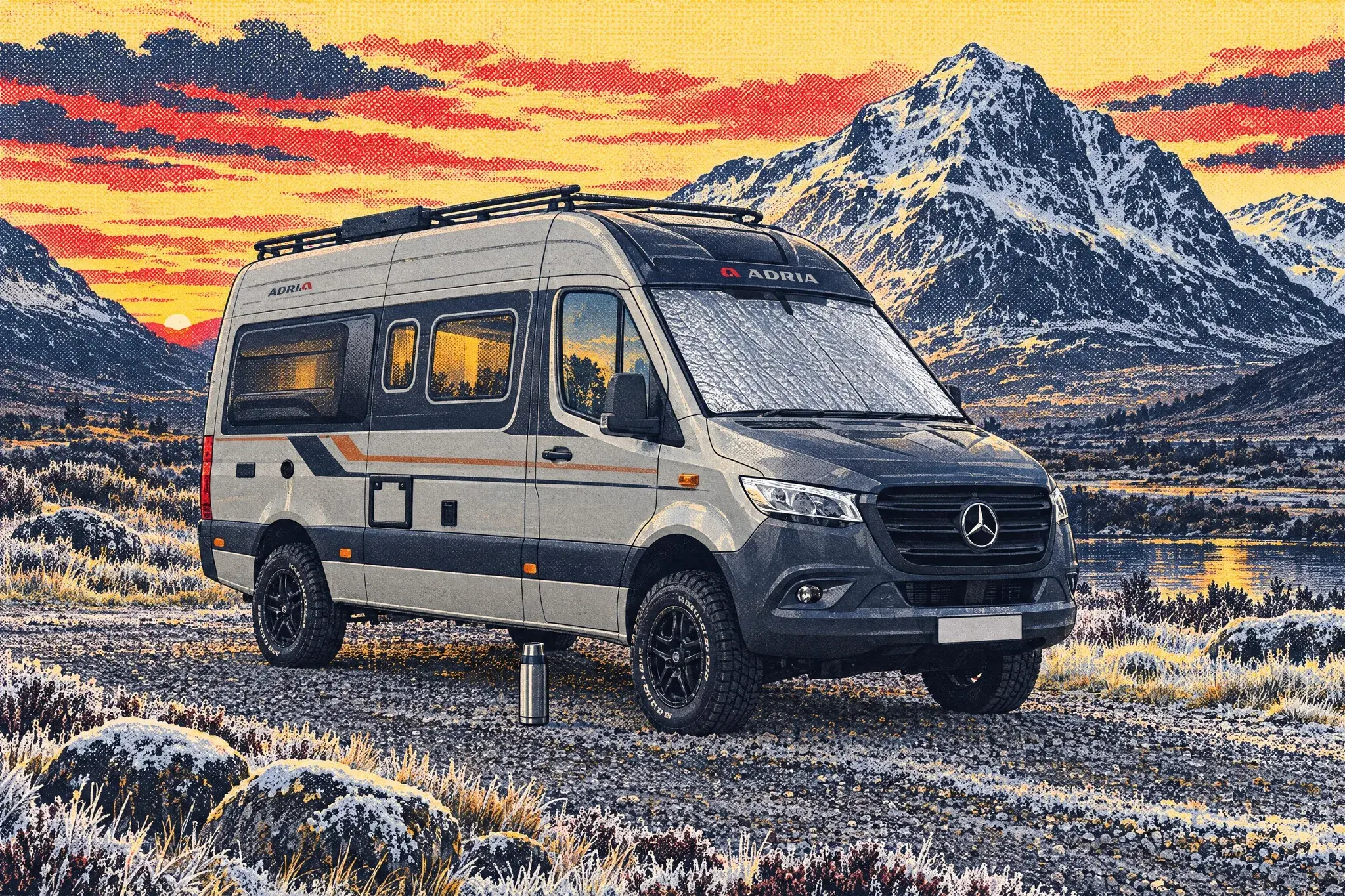 An Adria Supertwin 600 SPB high-roof campervan in a frosty Glen Coe lay-by at dusk, its windows glowing warm beneath snowy mountains.
