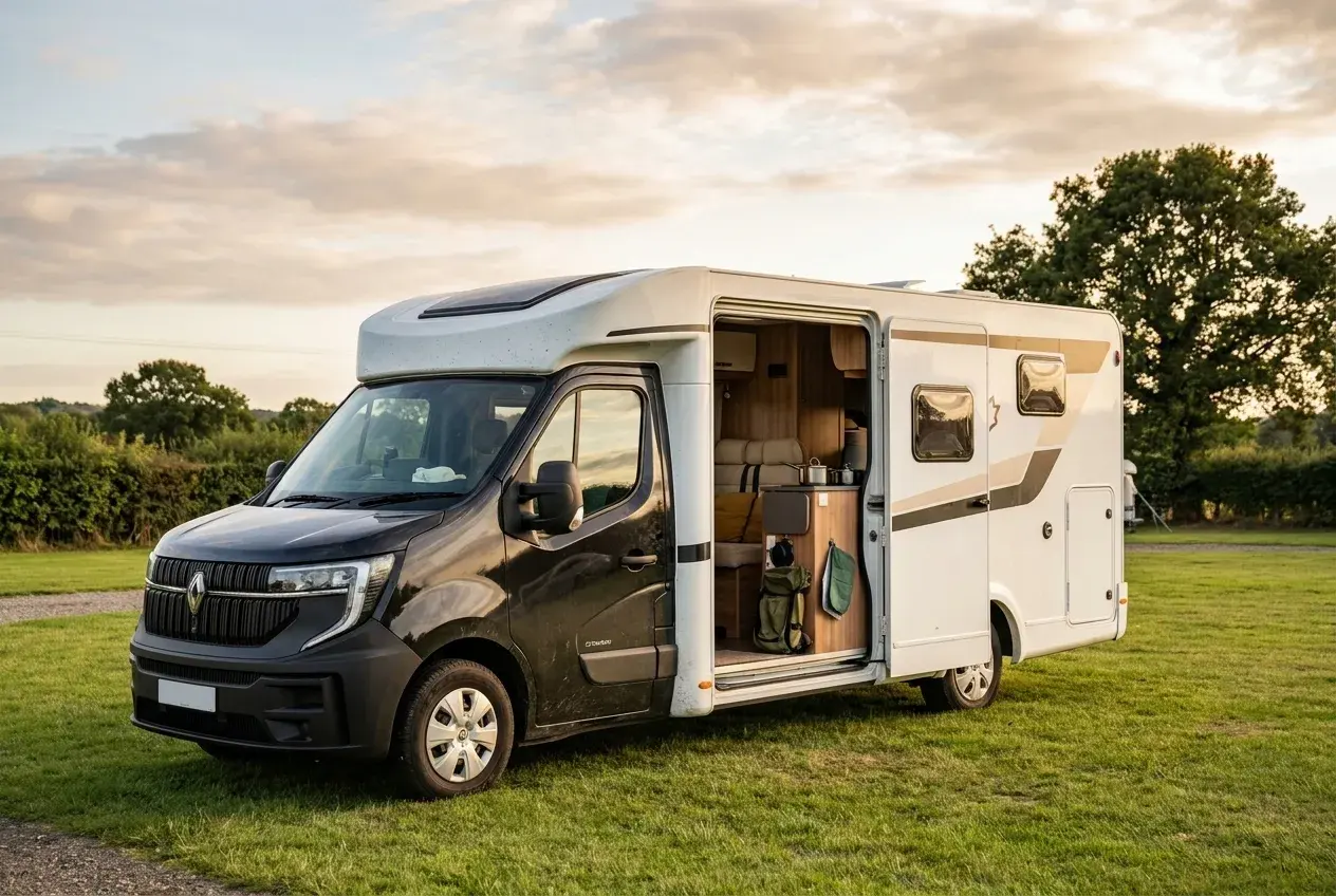 A new Renault Master van converted into a campervan, parked with its side door open on a quiet UK campsite in soft evening light.