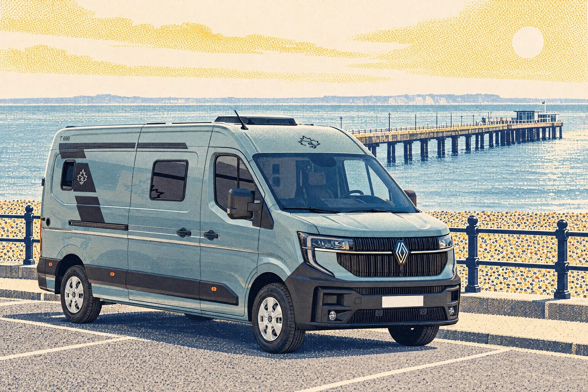 An Ahorn campervan on the new Renault Master stands in a seafront bay at Deal, Kent, with the long pier, a calm grey-green sea and a faint French coast beyond.