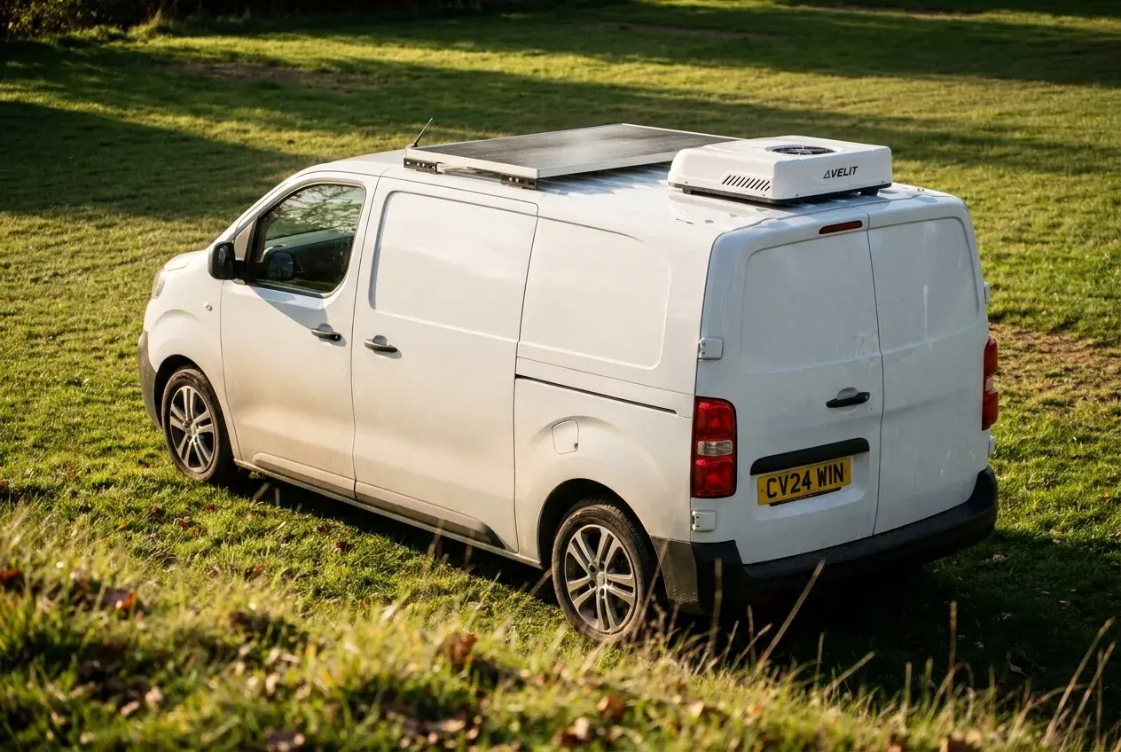 A modern white camper van parked on a grassy UK campsite pitch with a rooftop air-conditioning unit visible, in warm afternoon light.