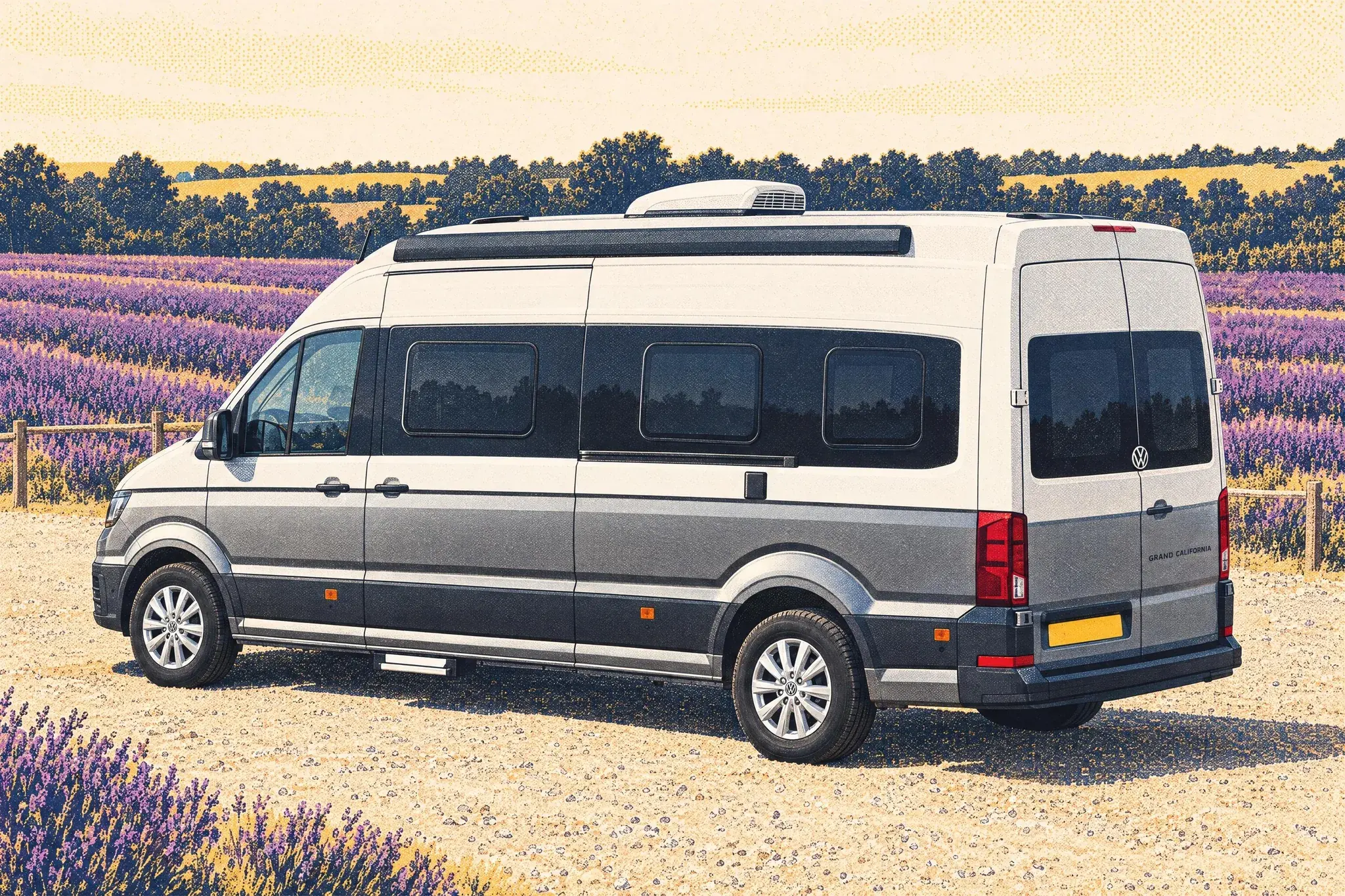 A VW Grand California 680 with a slim white rooftop air conditioner parked alone on dusty gravel beside purple lavender rows in hazy heatwave sun.