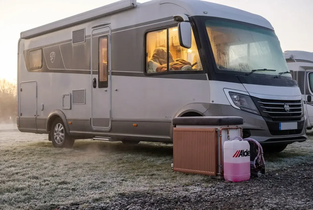 A large A-class motorhome on a frosty winter pitch at dawn with a warm-lit interior and an Alde wet heating radiator panel visible inside.