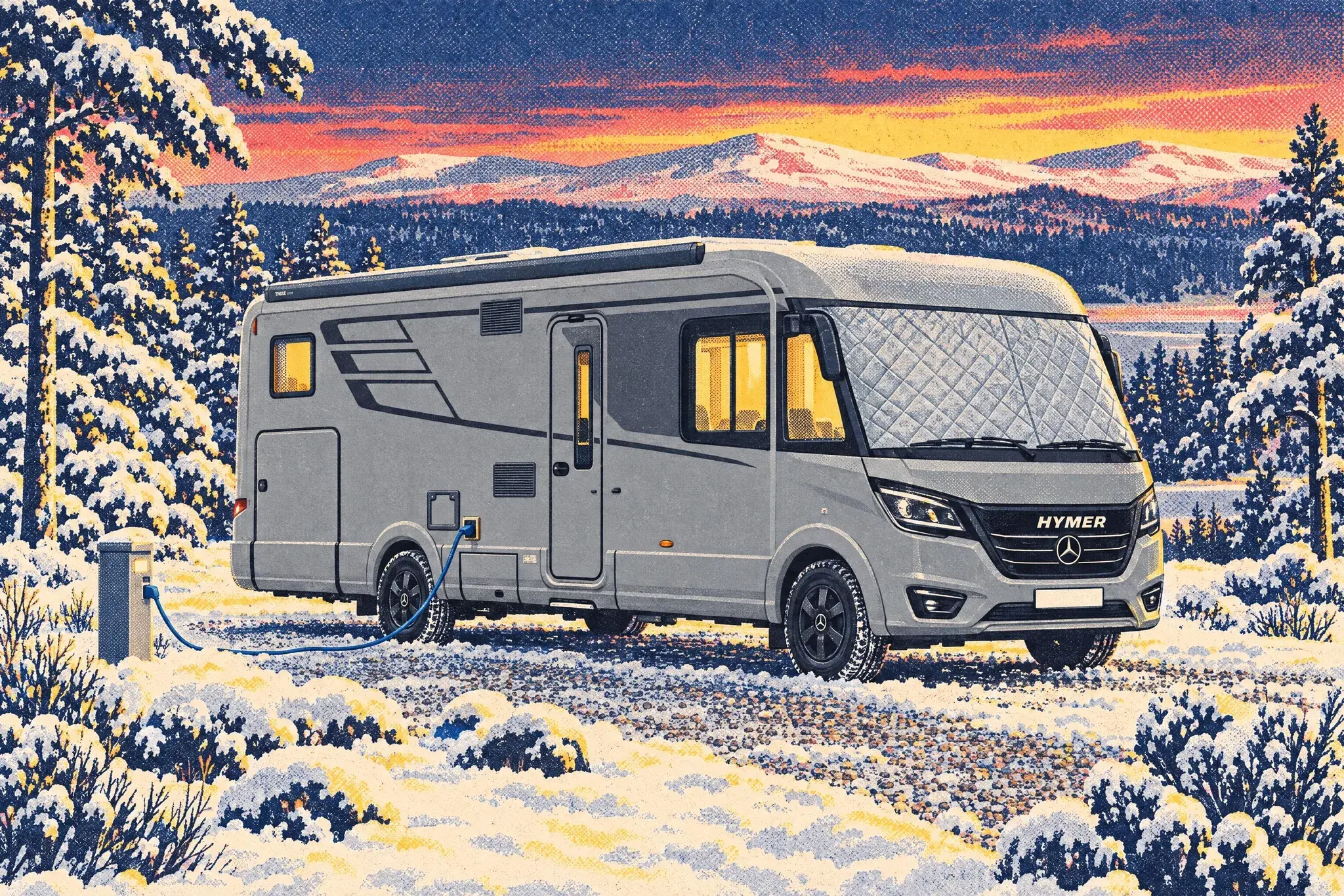 Illustration of a Hymer B-Class MasterLine I A-class motorhome with glowing windows on a snowy campsite pitch near Aviemore at dusk.
