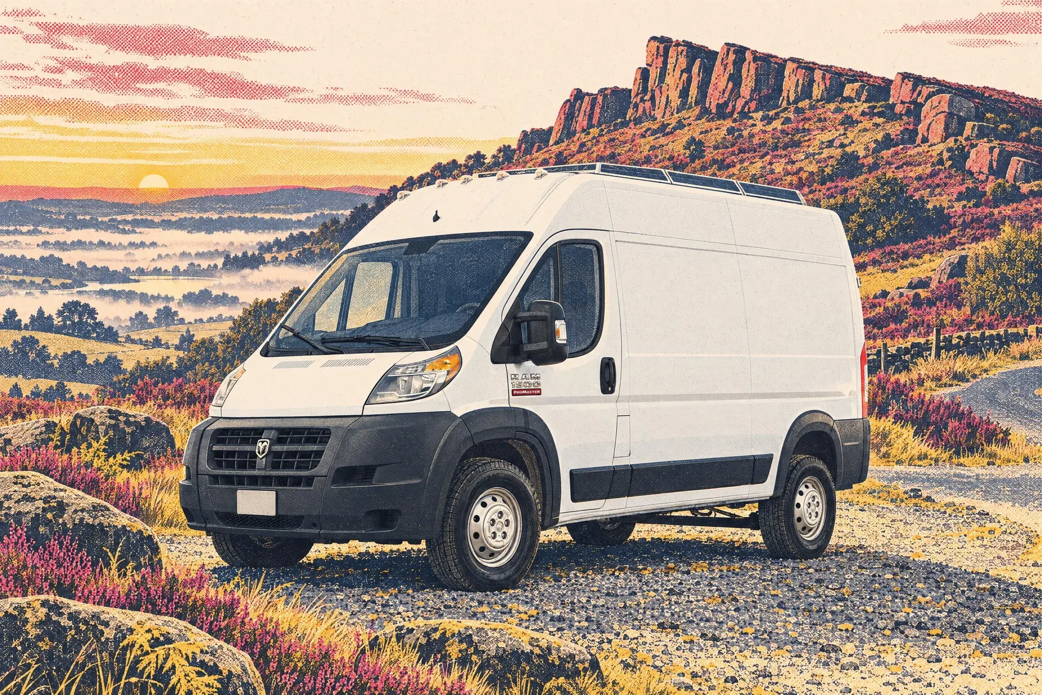 Alex Honnold's high-roof Ram ProMaster van with solar panels on its roof, parked in a heathery lay-by beneath The Roaches gritstone edge at a misty pink dawn.