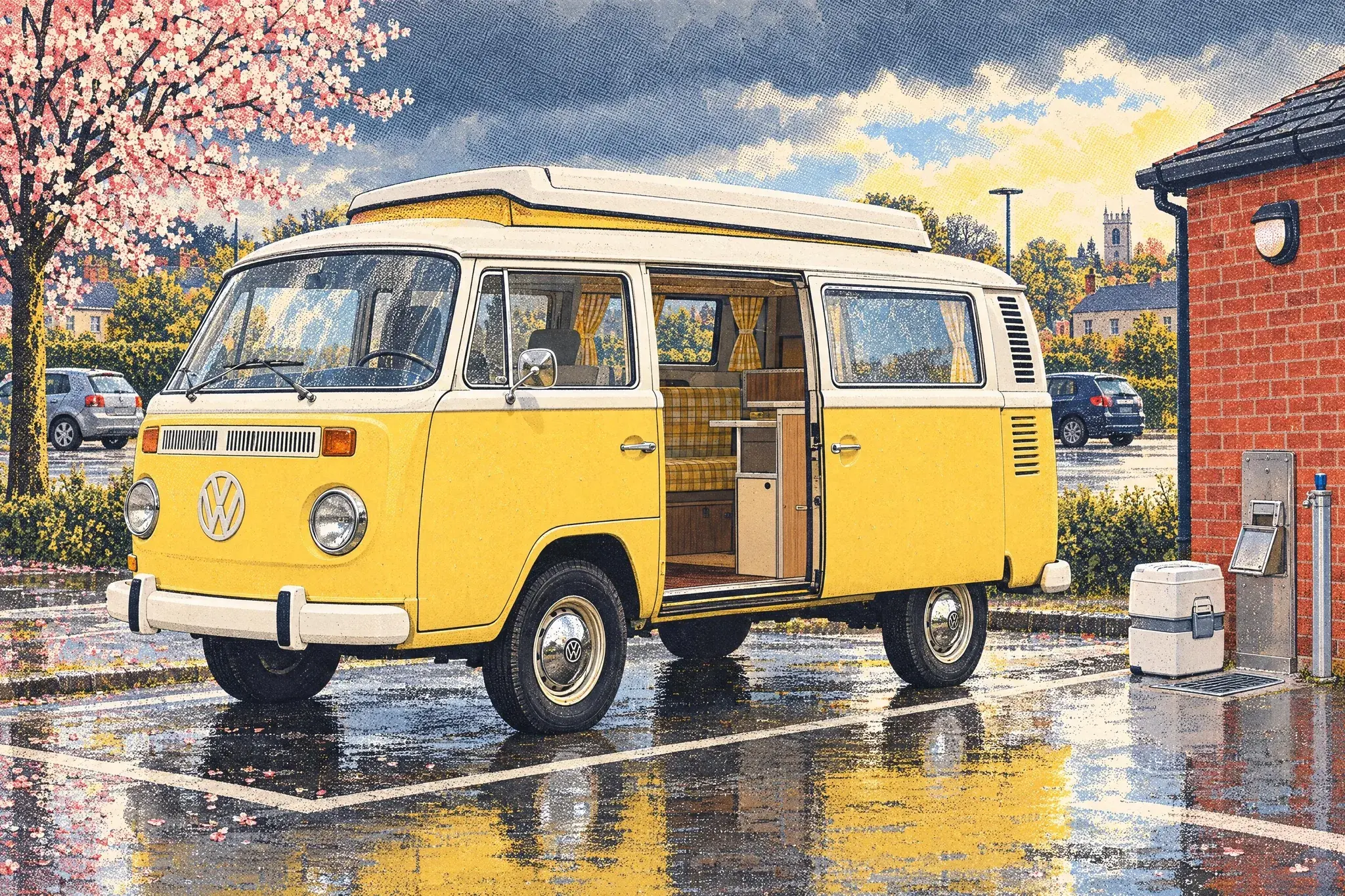 A pastel yellow 1970s VW T2 Westfalia campervan side-on at a wet town car park service point in April sun, sliding door open, a portable toilet beside the emptying drain.
