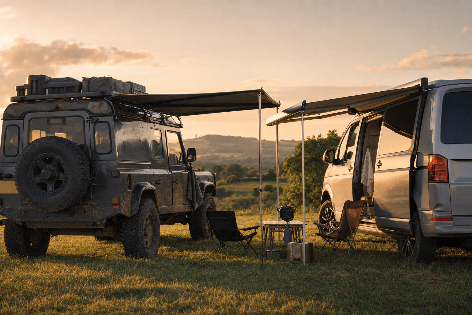 A 4x4 with a roof-rack pull-out awning parked beside a campervan with a wind-out cassette awning on a grassy UK campsite at golden hour.
