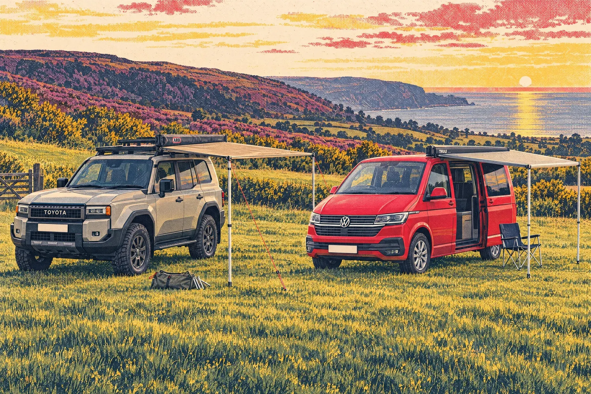 Illustration of a Toyota Land Cruiser with an ARB pull-out awning beside a VW T6.1 campervan with a Thule Omnistor awning on an Exmoor campsite at sunset.