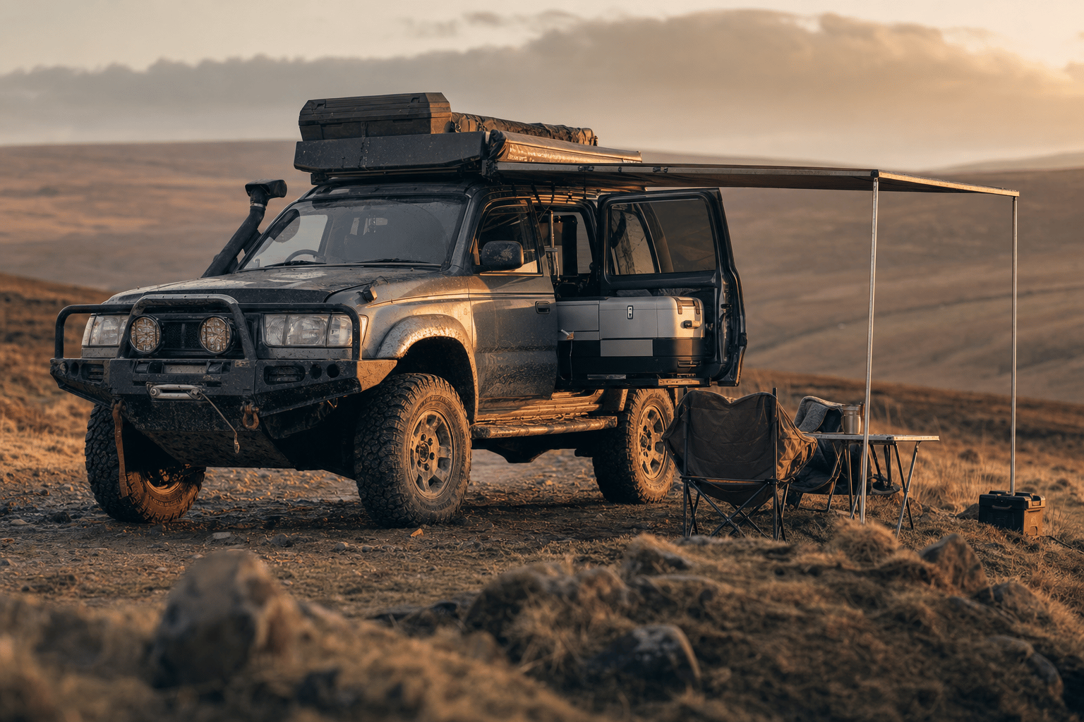 A mud-splattered 4x4 camper with a bull bar and roof awning parked on a remote moorland track in warm evening light, a portable fridge visible in the open boot.