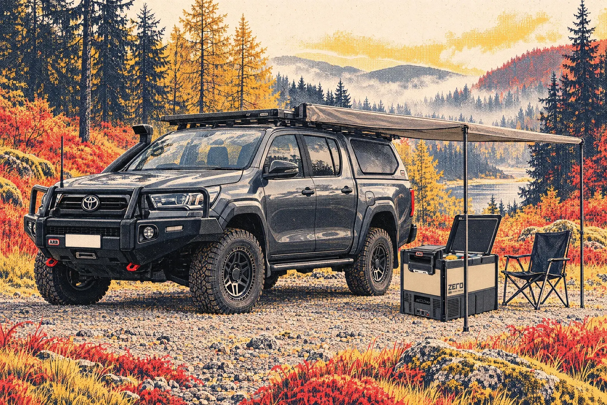 Illustration of a Toyota Hilux with ARB bull bar, roof rack and awning in a misty Galloway forest, an ARB fridge-freezer open beneath the awning.