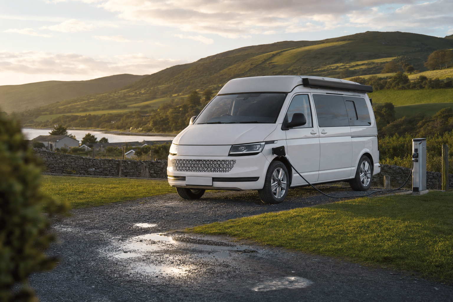 A modern white electric campervan parked at a quiet UK campsite, connected to a charging point during golden-hour light with countryside behind.