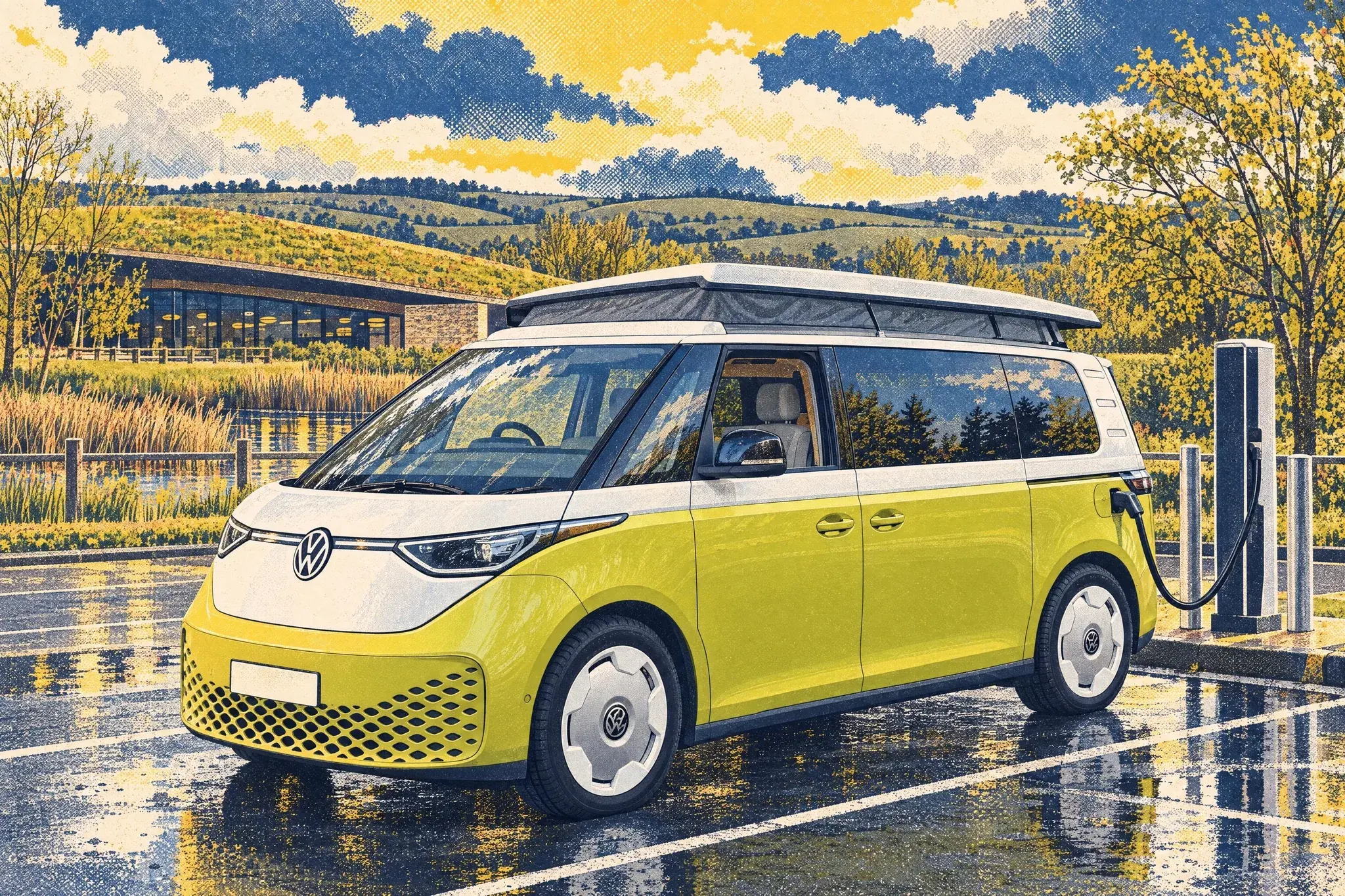 A pop-top VW ID. Buzz campervan plugged into a rapid charger at Gloucester Services on a blustery spring morning, with the turf-roofed building and reedy pond behind.