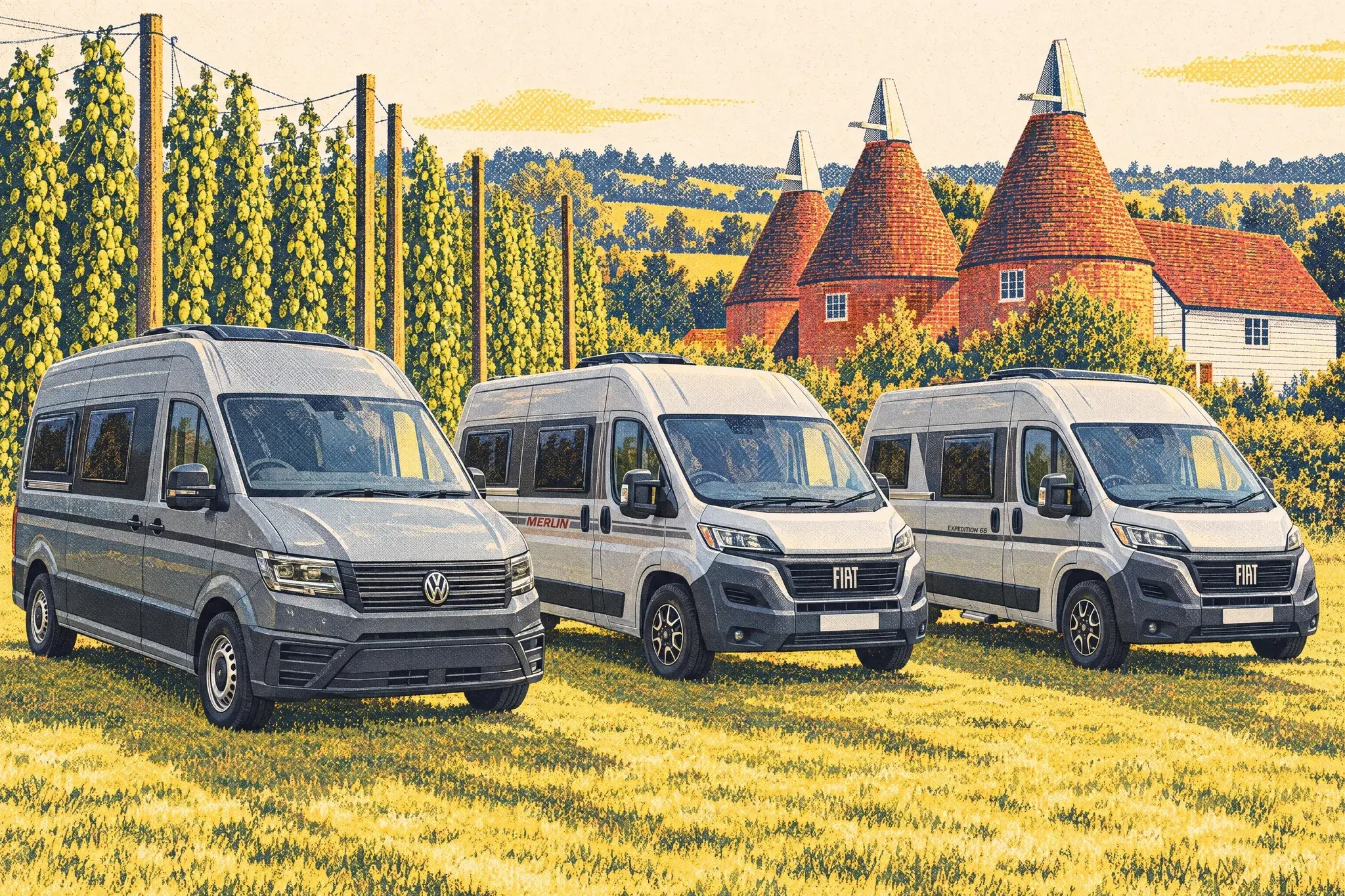 An Atom Core 600 B VW Crafter campervan beside a Swift Merlin 122 and an Auto-Trail Expedition 66, both Fiat Ducatos, by a Kent hop garden and oast houses.