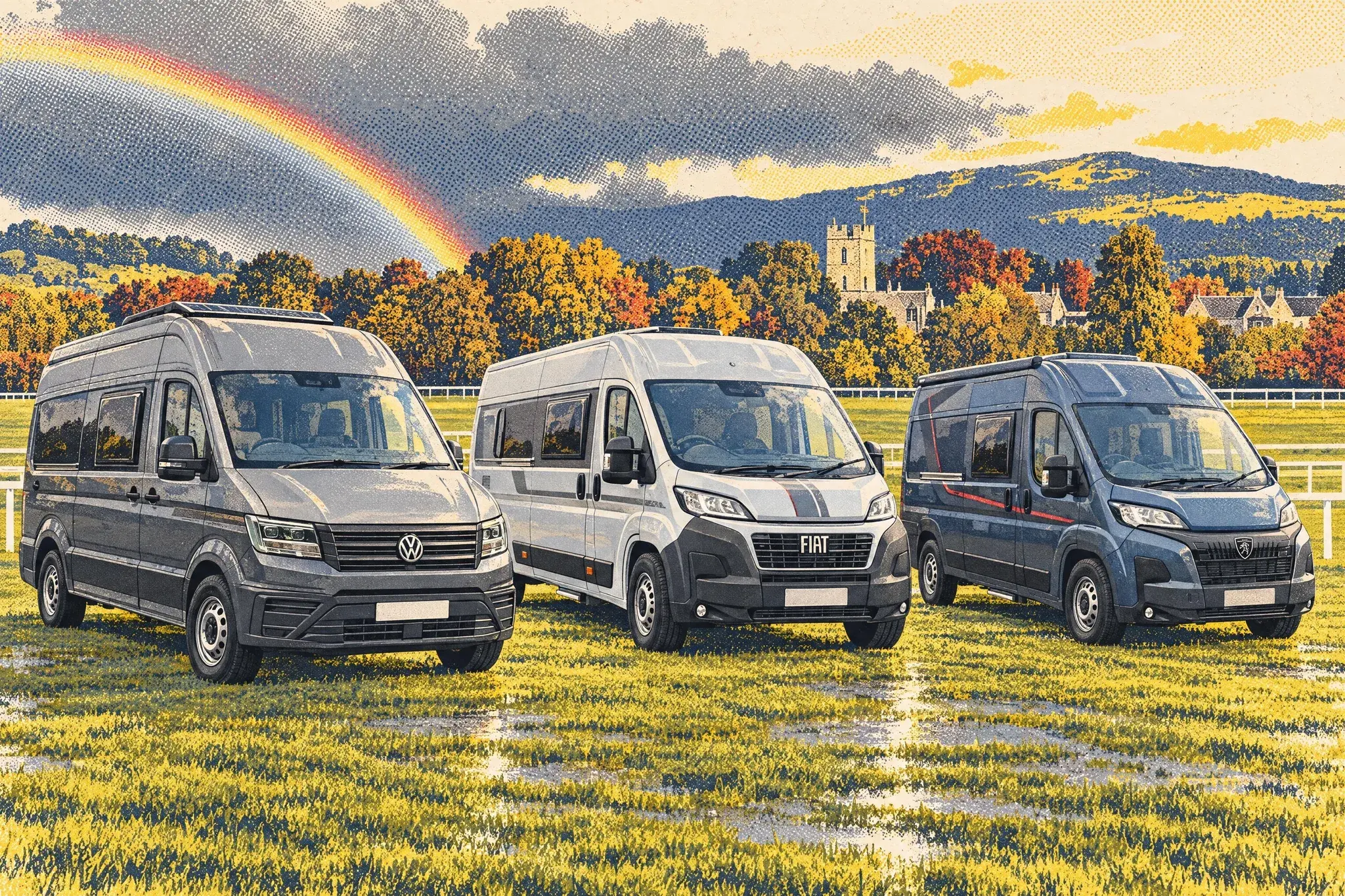 VW Crafter-based Atom Core 600 G, Fiat Ducato Swift Merlin 174 and Peugeot Boxer Elddis Whirlwind GTV 560 campervans side by side at Cartmel Racecourse under a rainbow.